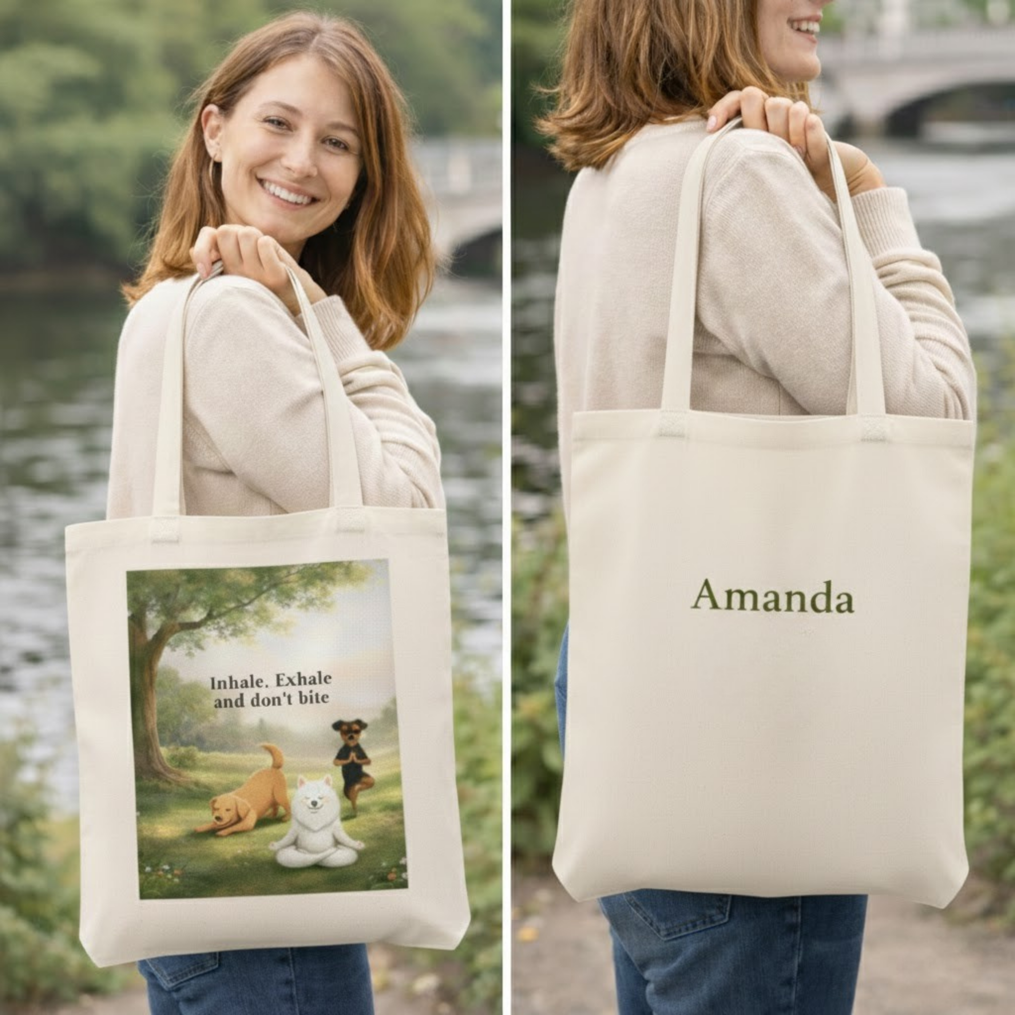 Inhale, Exhale and Don’t Bite – Funny Dog Tote Bag with Custom Option