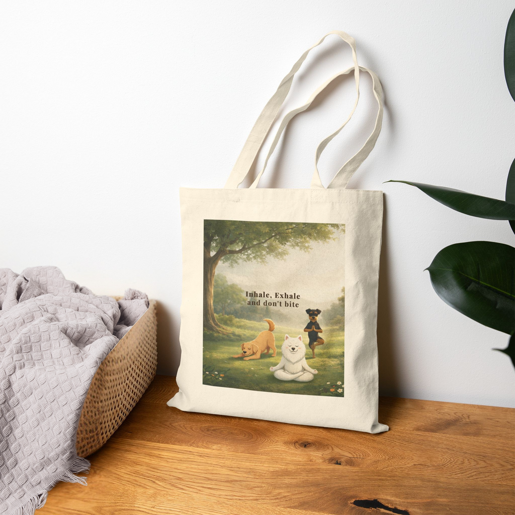 Inhale, Exhale and Don’t Bite – Funny Dog Tote Bag with Custom Option