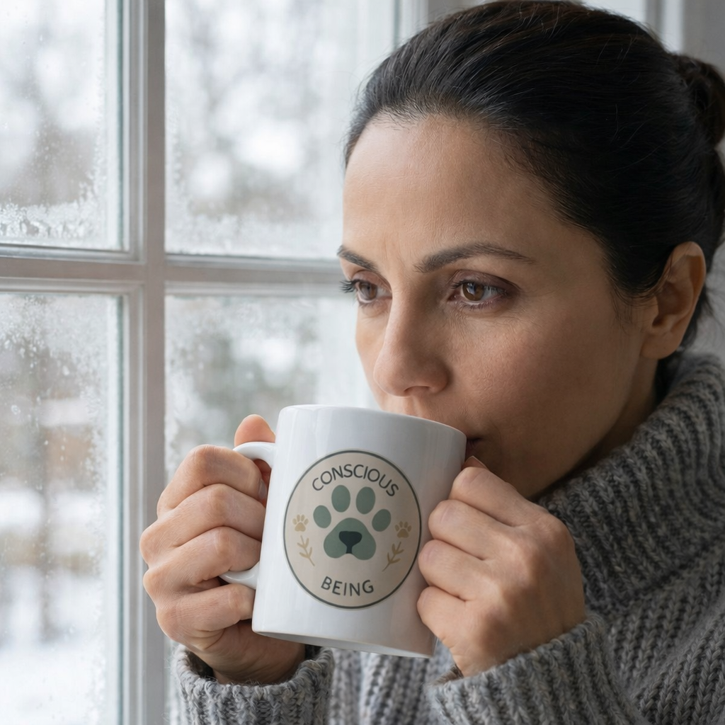 Conscious Being Ceramic Mug — Paw Print & Plant Mindfulness Coffee Cup (11oz)