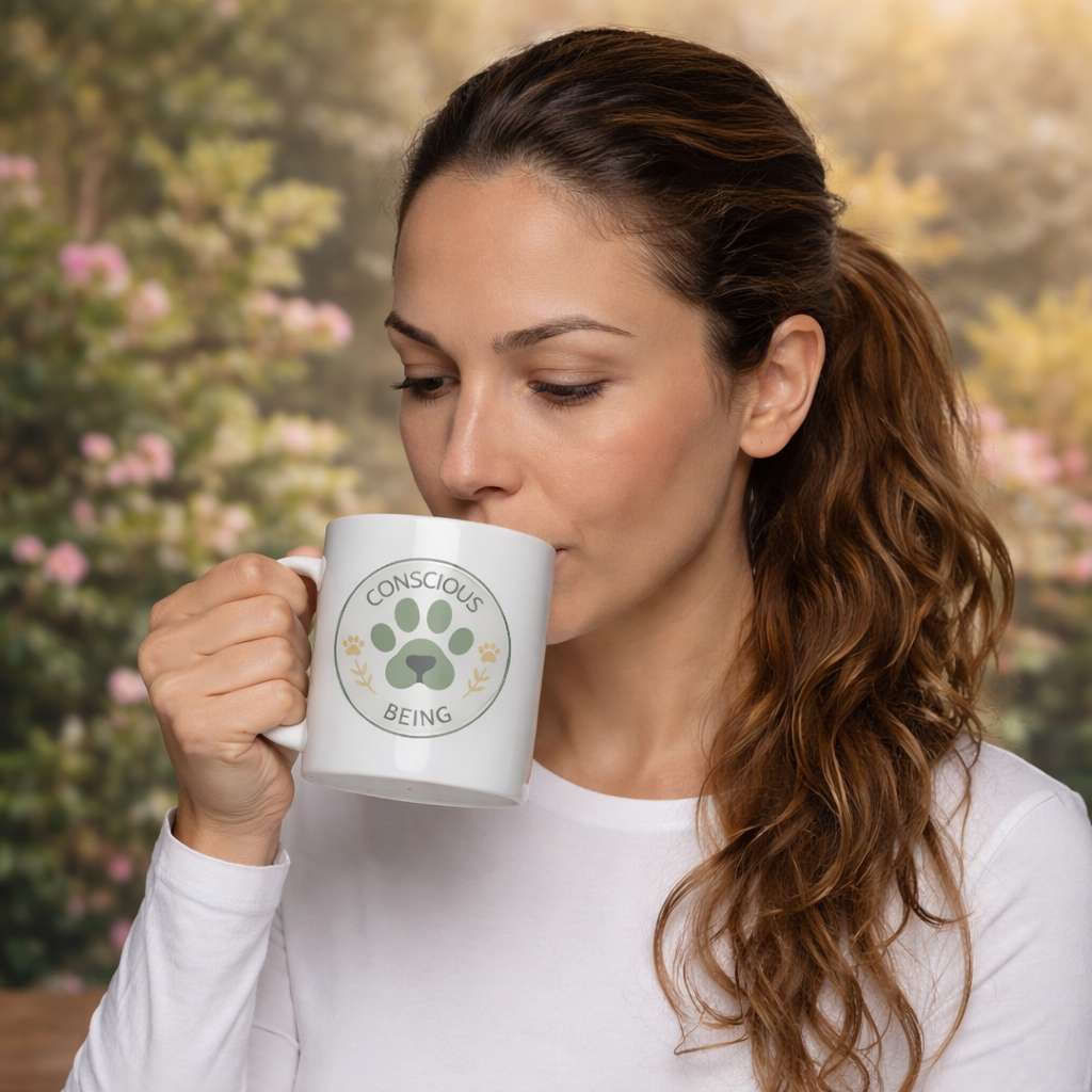 Conscious Being Ceramic Mug — Paw Print & Plant Mindfulness Coffee Cup (11oz)