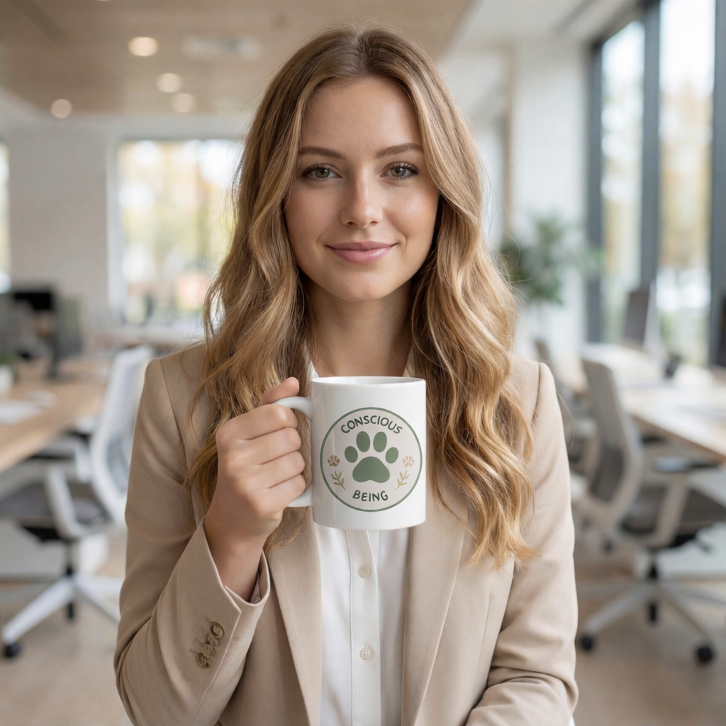 Conscious Being Ceramic Mug — Paw Print & Plant Mindfulness Coffee Cup (11oz)