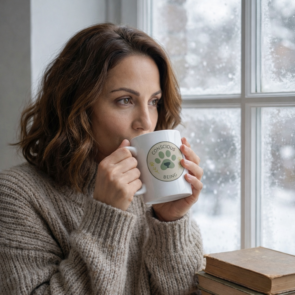 Conscious Being Ceramic Mug — Paw Print & Plant Mindfulness Coffee Cup (11oz)