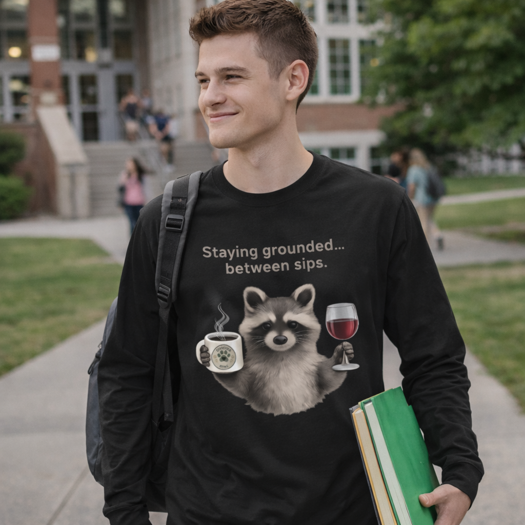 Staying Grounded Between Sips Long Sleeve Tee – Coffee & Wine Raccoon Shirt