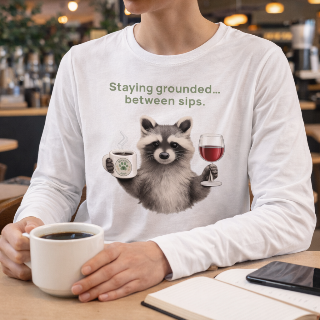 Staying Grounded Between Sips Long Sleeve Tee – Coffee & Wine Raccoon Shirt