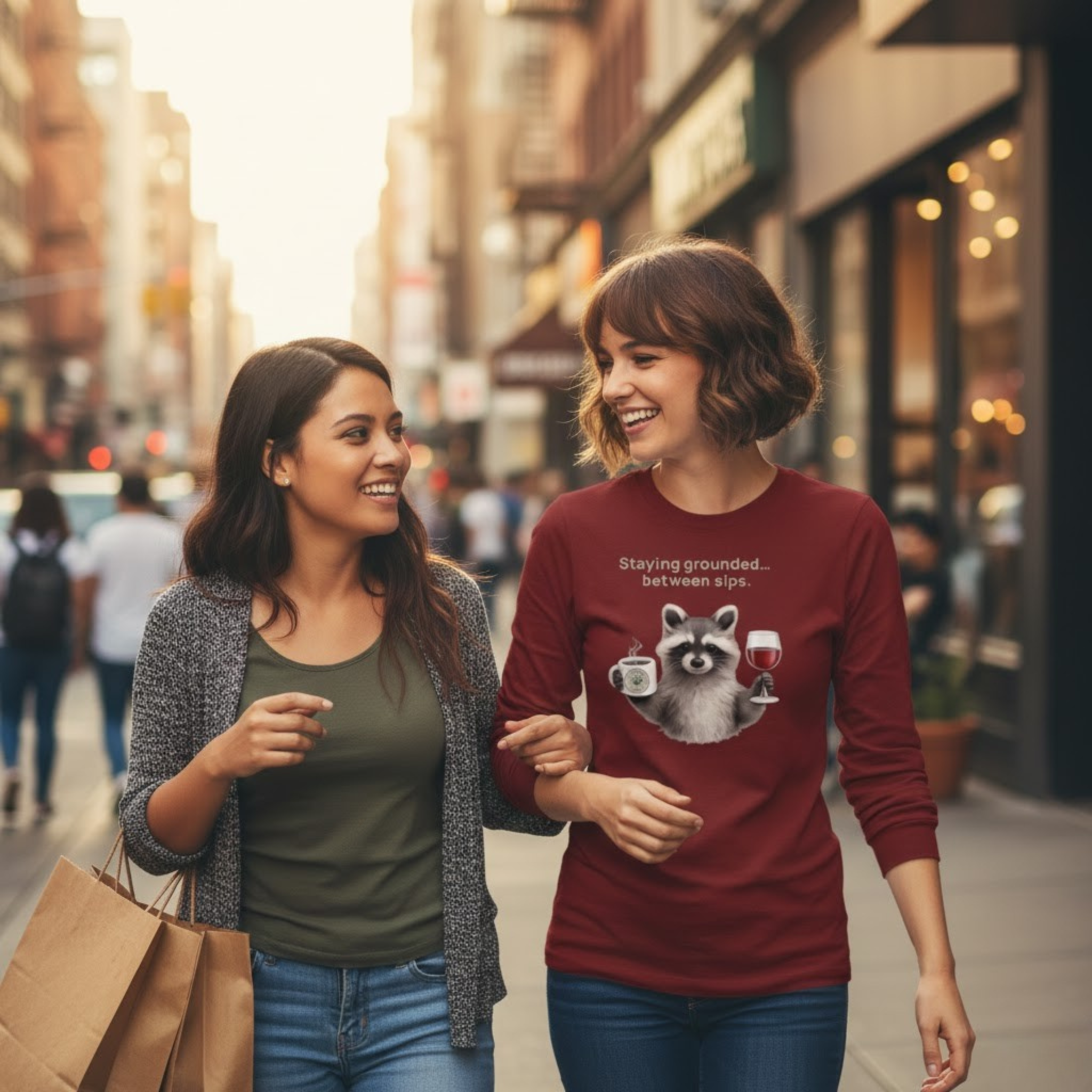 Staying Grounded Between Sips Long Sleeve Tee – Coffee & Wine Raccoon Shirt