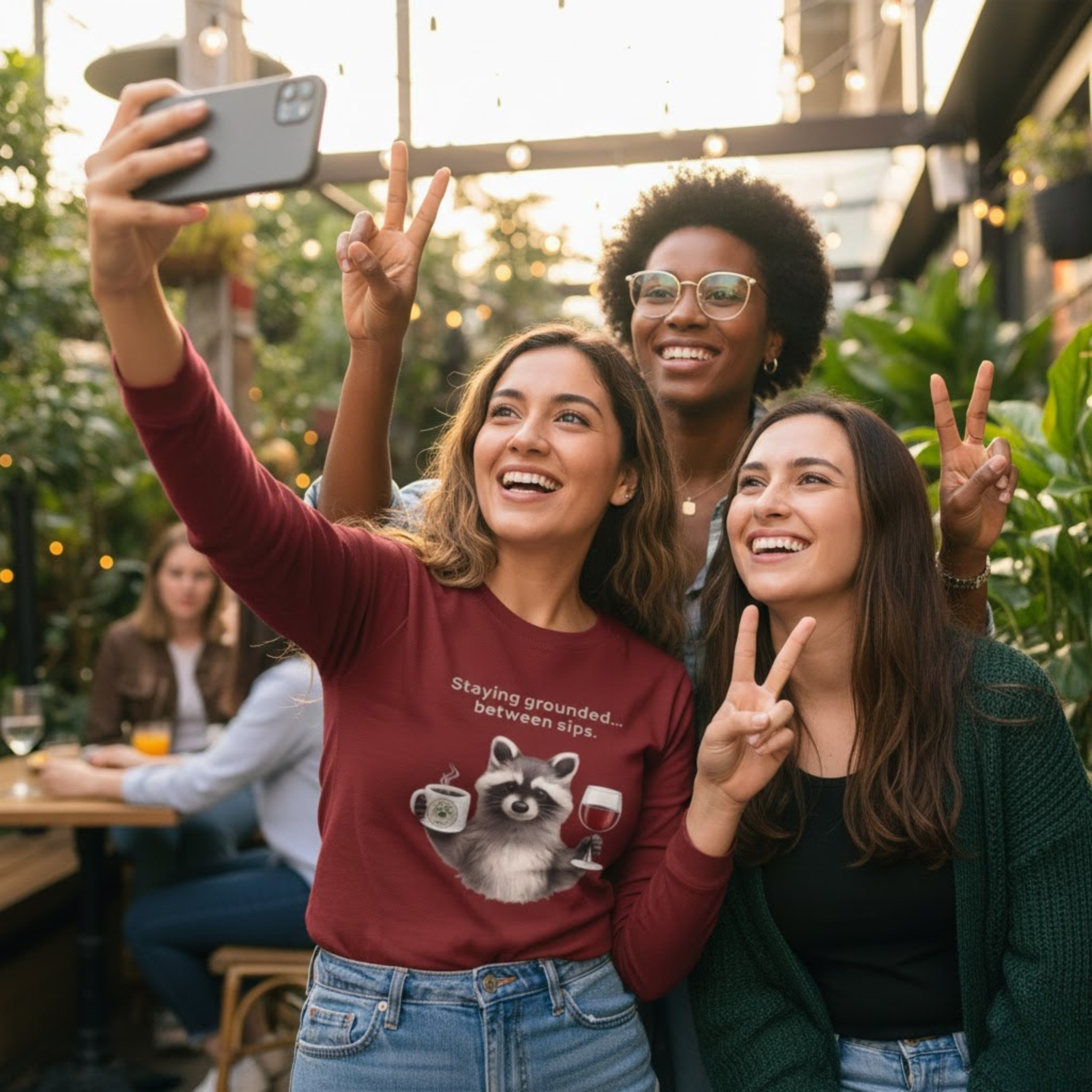 Staying Grounded Between Sips Long Sleeve Tee – Coffee & Wine Raccoon Shirt