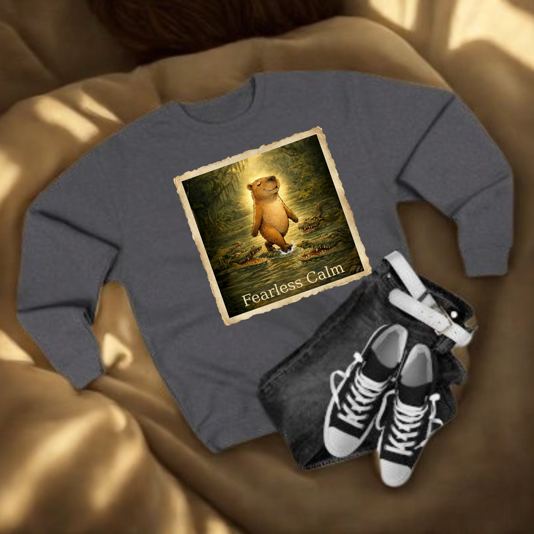Unisex crewneck sweatshirt featuring a vintage-style illustration of a serene capybara walking on water among crocodiles, with the words ‘Fearless Calm’ beneath. Printed on a Lane Seven fleece sweatshirt, shown on both light and dark fabric backgrounds