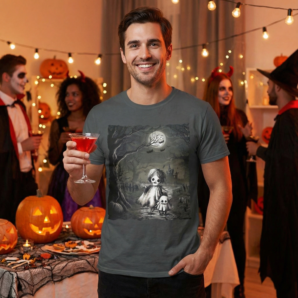 Vintage gothic ghost illustration short sleeve Halloween shirt with moonlit spooky scene and subtle fall aesthetic design.