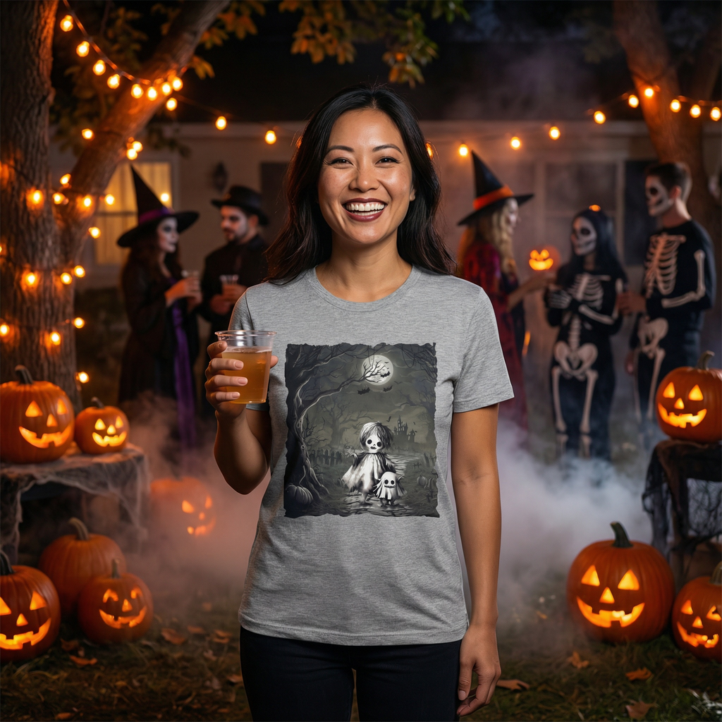 Vintage gothic ghost illustration short sleeve Halloween shirt with moonlit spooky scene and subtle fall aesthetic design.