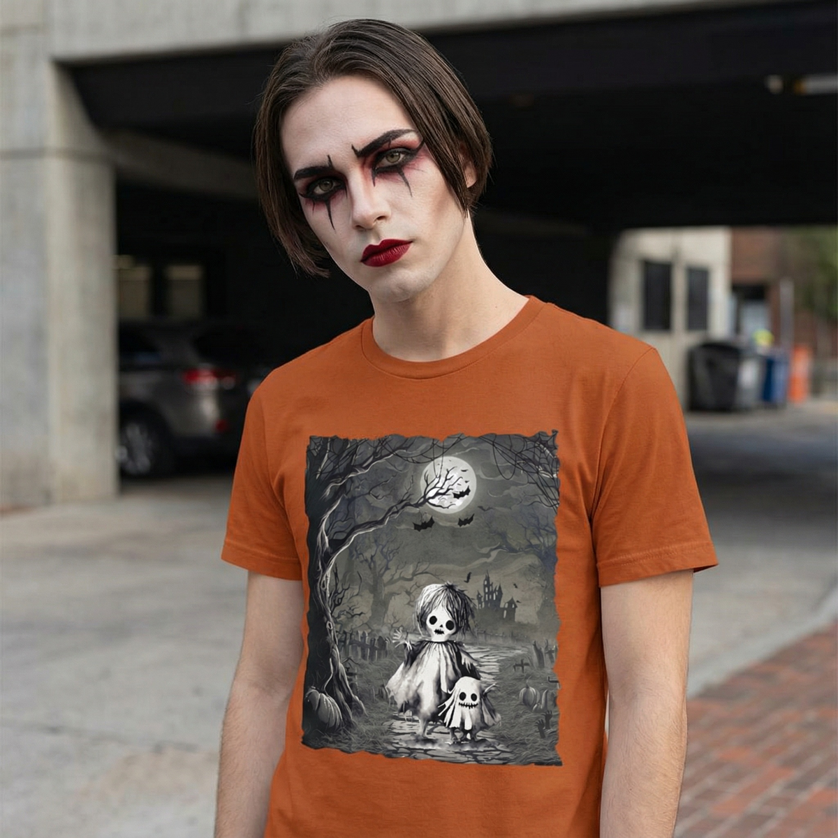 Vintage gothic ghost illustration short sleeve Halloween shirt with moonlit spooky scene and subtle fall aesthetic design.