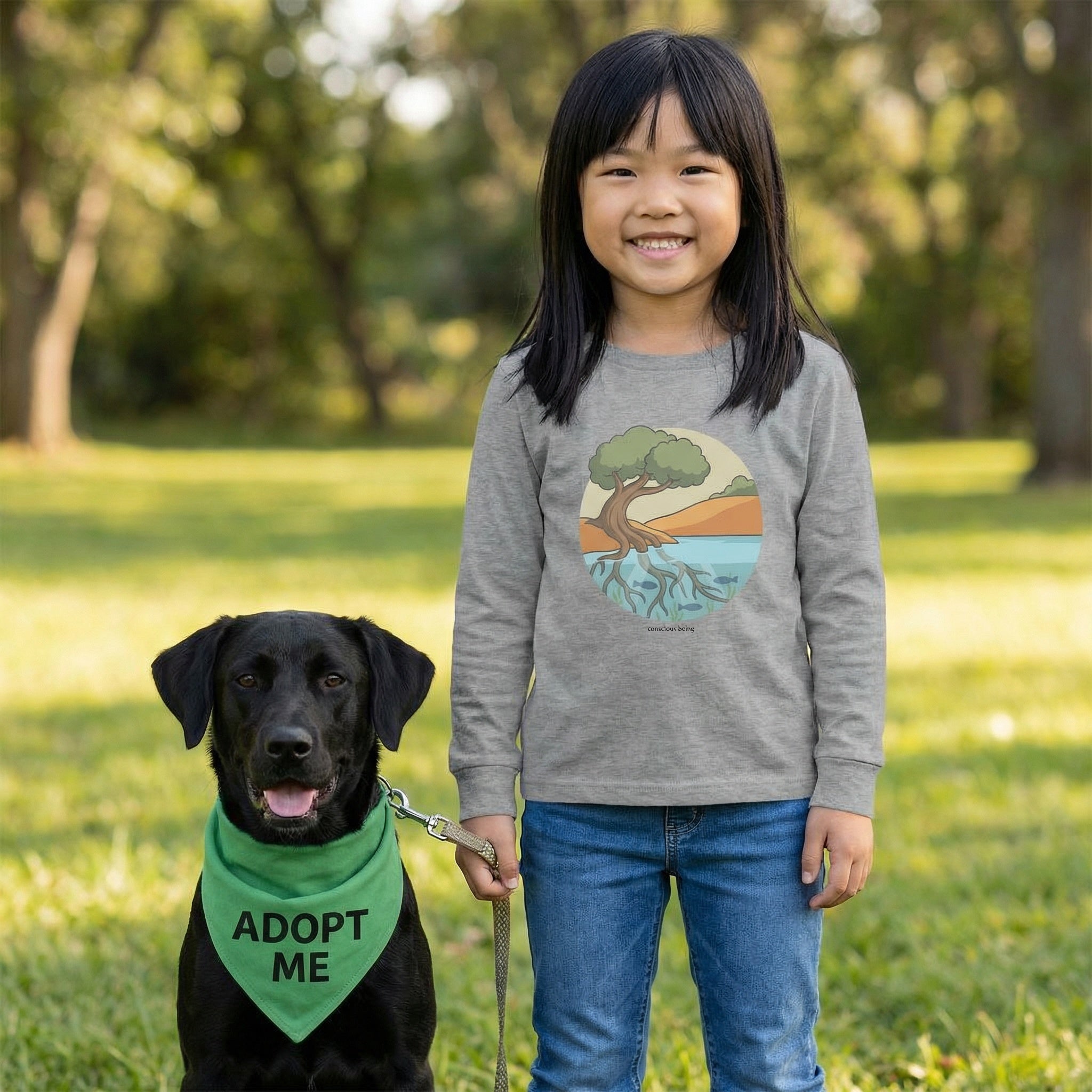 Toddler/Kid wearing Roots of Life long sleeve tee outdoors inspired by nature and environmental awareness