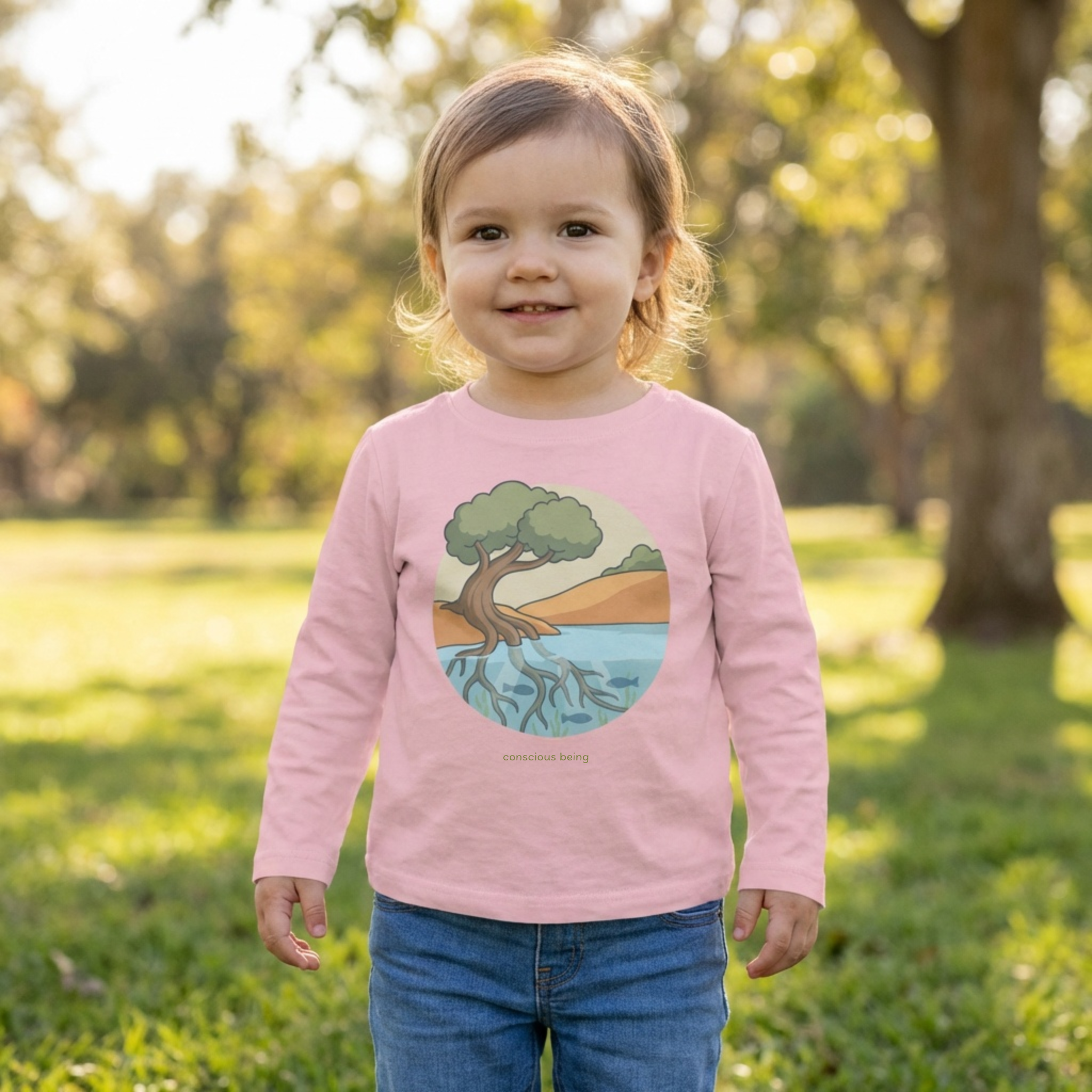 Toddler/Kid wearing Roots of Life long sleeve tee outdoors inspired by nature and environmental awareness