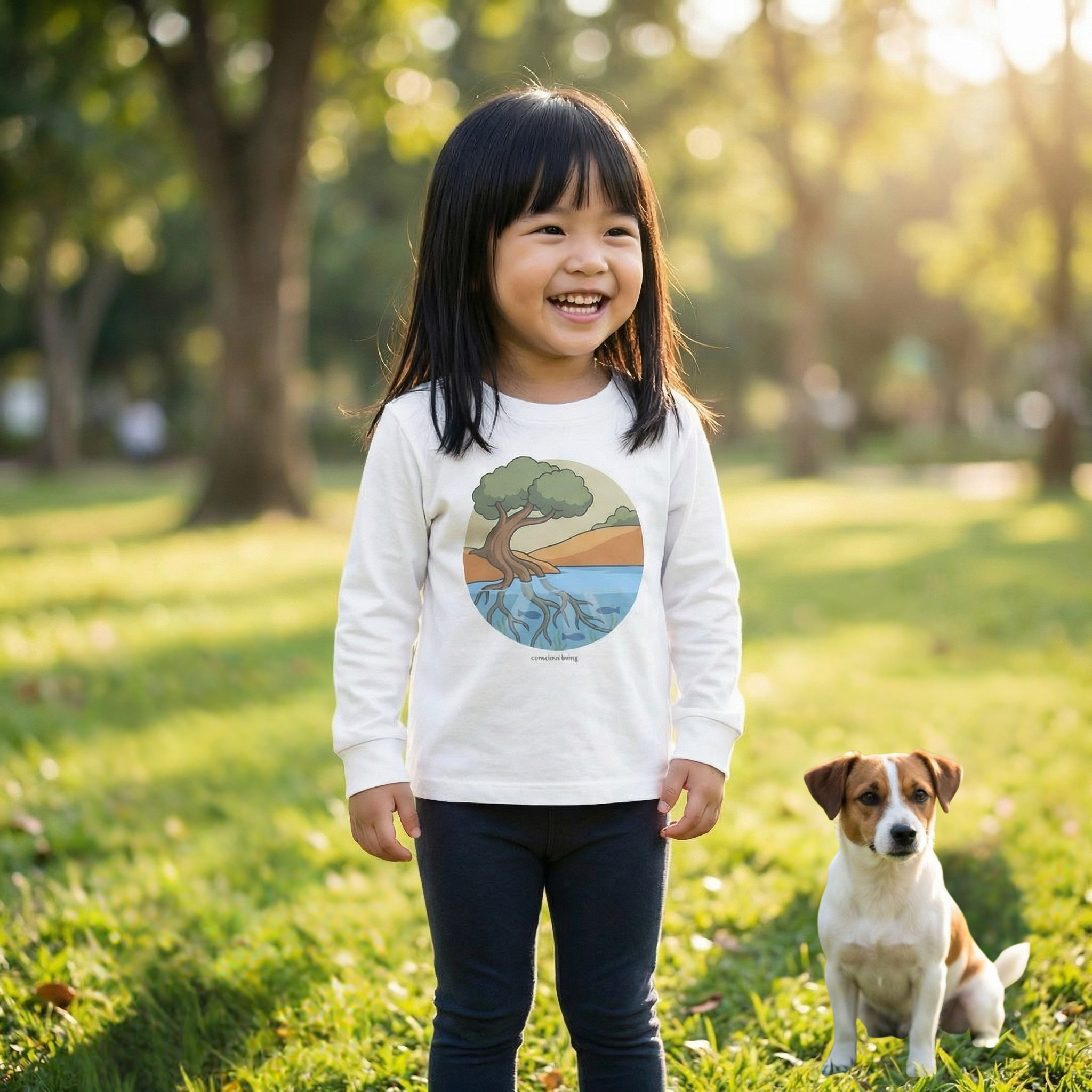 Toddler/Kid wearing Roots of Life long sleeve tee outdoors inspired by nature and environmental awareness