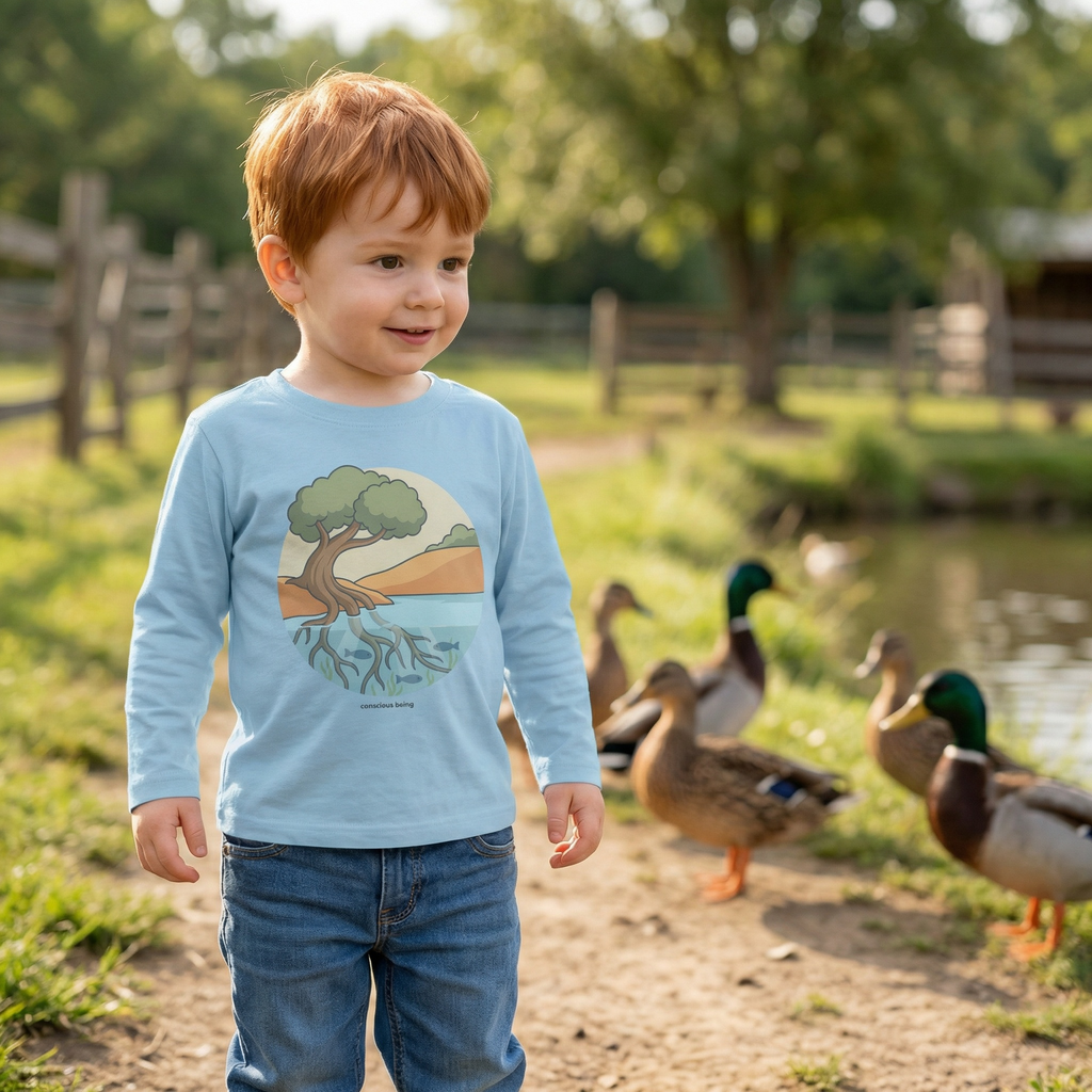 Toddler/Kid wearing Roots of Life long sleeve tee outdoors inspired by nature and environmental awareness