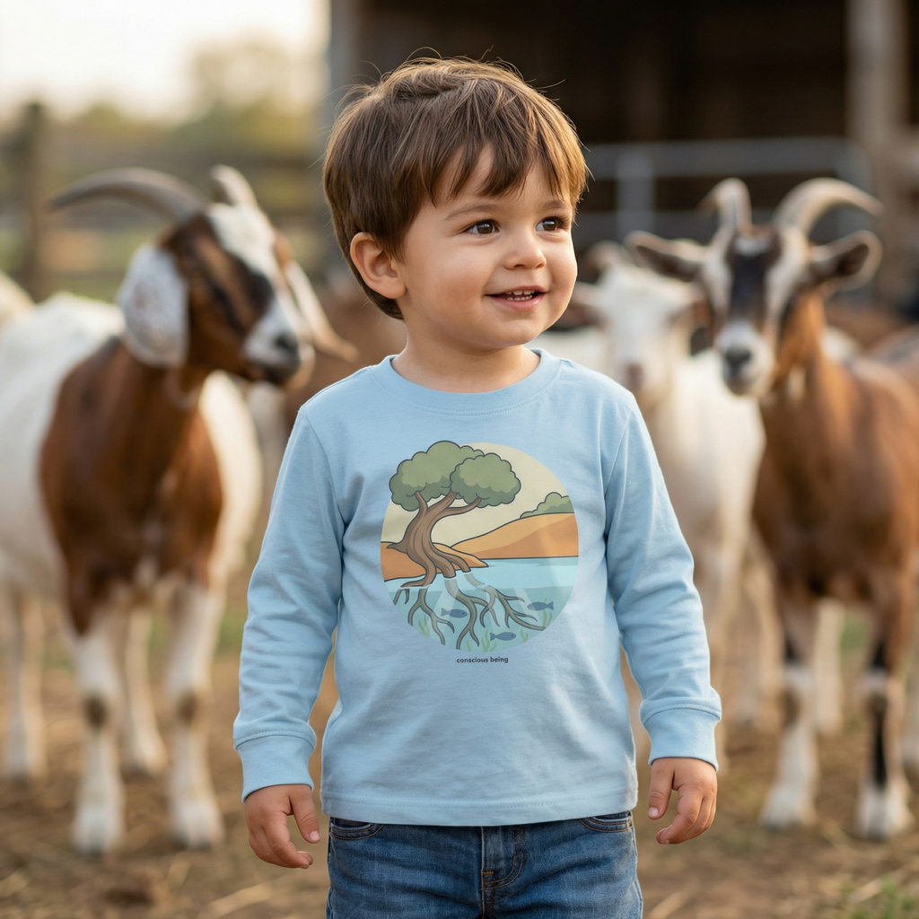 Toddler/Kid wearing Roots of Life long sleeve tee outdoors inspired by nature and environmental awareness