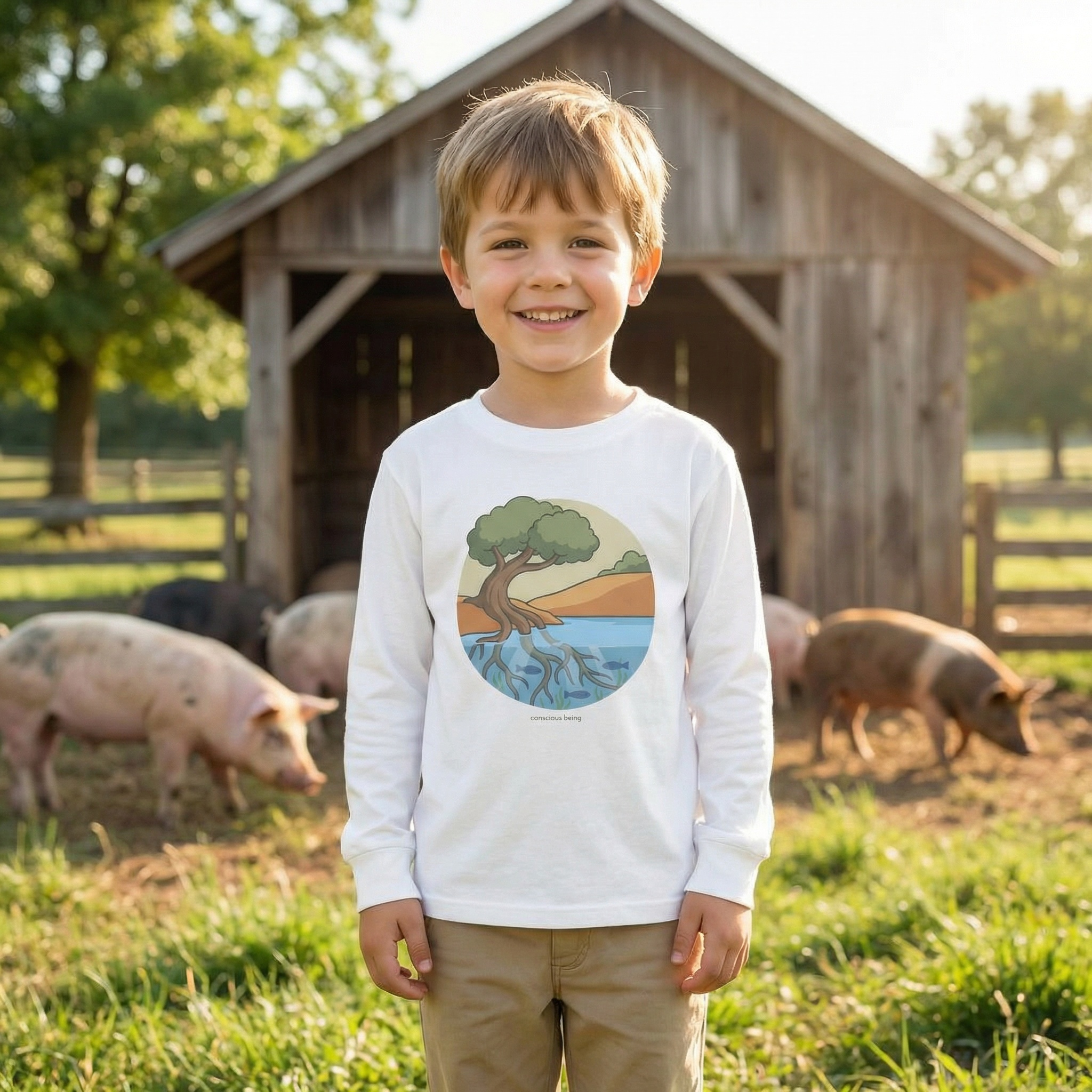 Toddler/Kid wearing Roots of Life long sleeve tee outdoors inspired by nature and environmental awareness