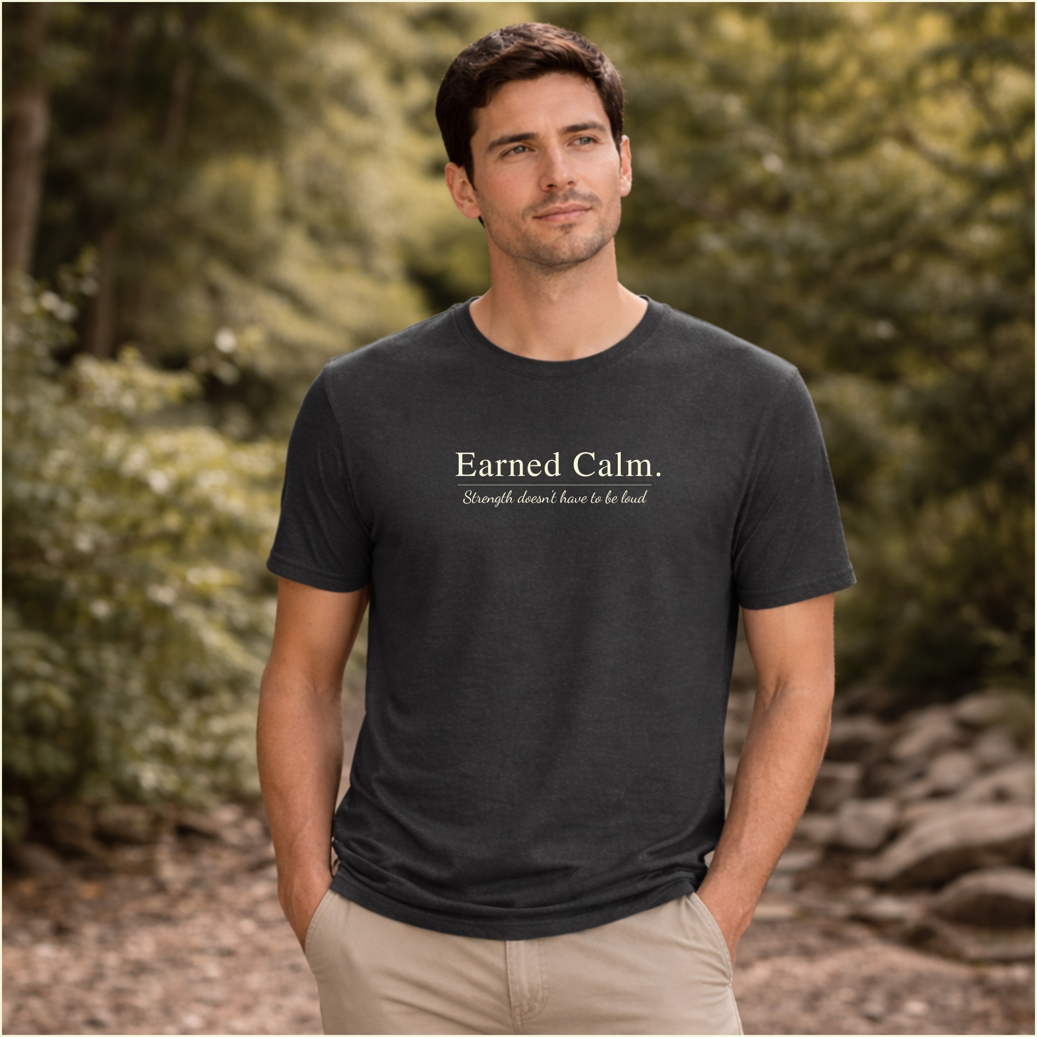 Earned Calm minimalist t-shirt featuring a quiet strength quote. Soft, modern unisex tee designed for calm confidence and everyday wear.