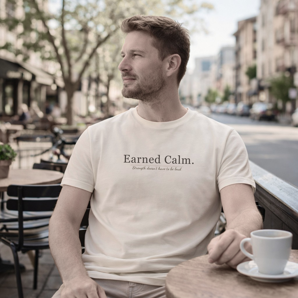 Earned Calm minimalist t-shirt featuring a quiet strength quote. Soft, modern unisex tee designed for calm confidence and everyday wear.