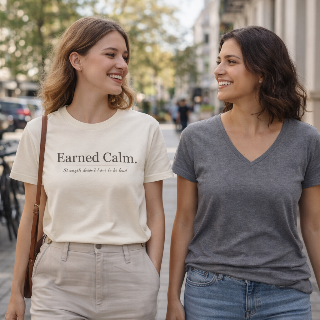 Earned Calm minimalist t-shirt featuring a quiet strength quote. Soft, modern unisex tee designed for calm confidence and everyday wear.