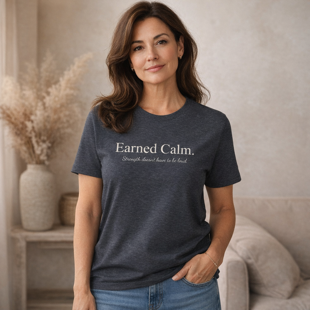 Earned Calm minimalist t-shirt featuring a quiet strength quote. Soft, modern unisex tee designed for calm confidence and everyday wear.