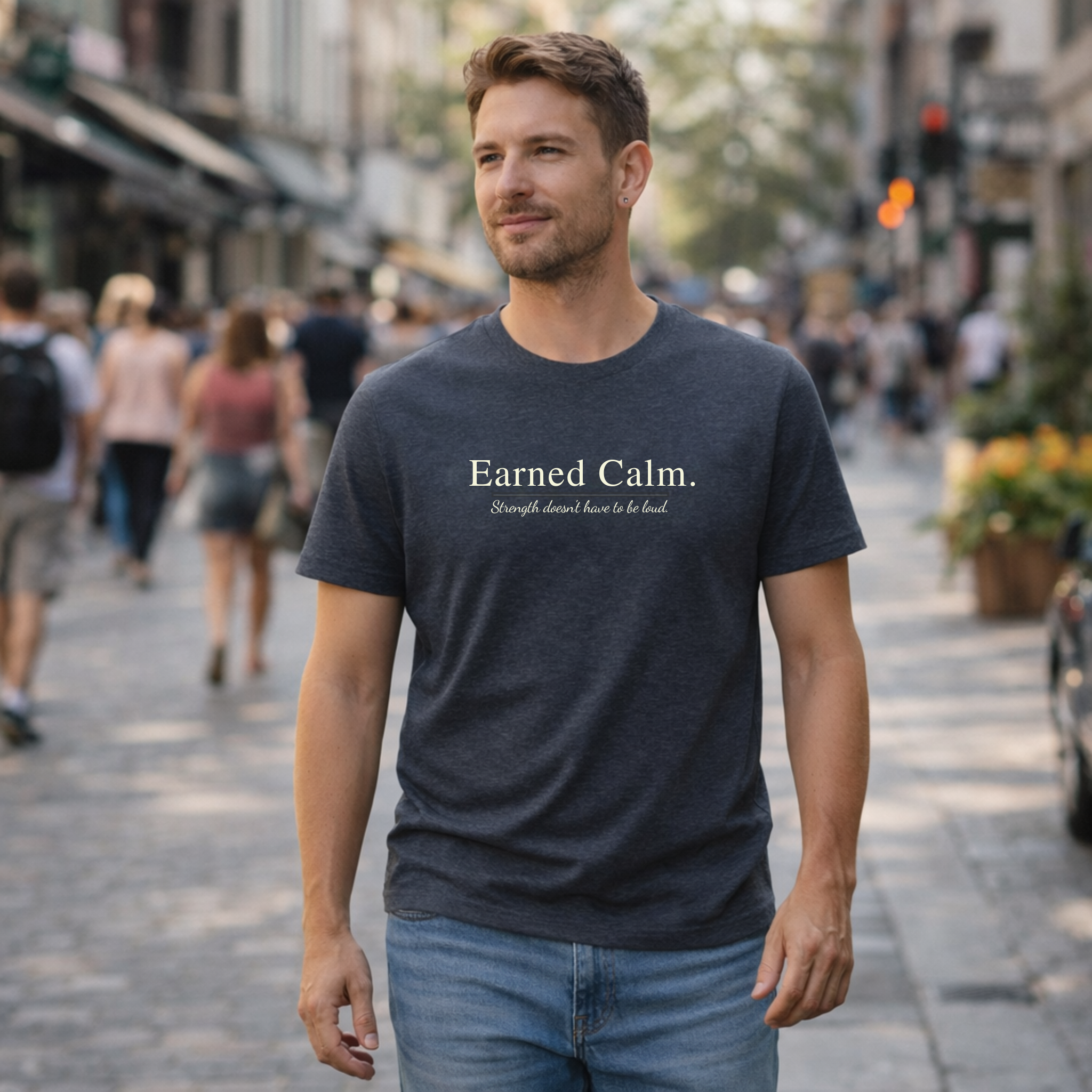 Earned Calm minimalist t-shirt featuring a quiet strength quote. Soft, modern unisex tee designed for calm confidence and everyday wear.