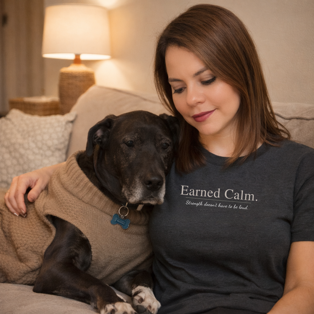 Earned Calm minimalist t-shirt featuring a quiet strength quote. Soft, modern unisex tee designed for calm confidence and everyday wear.