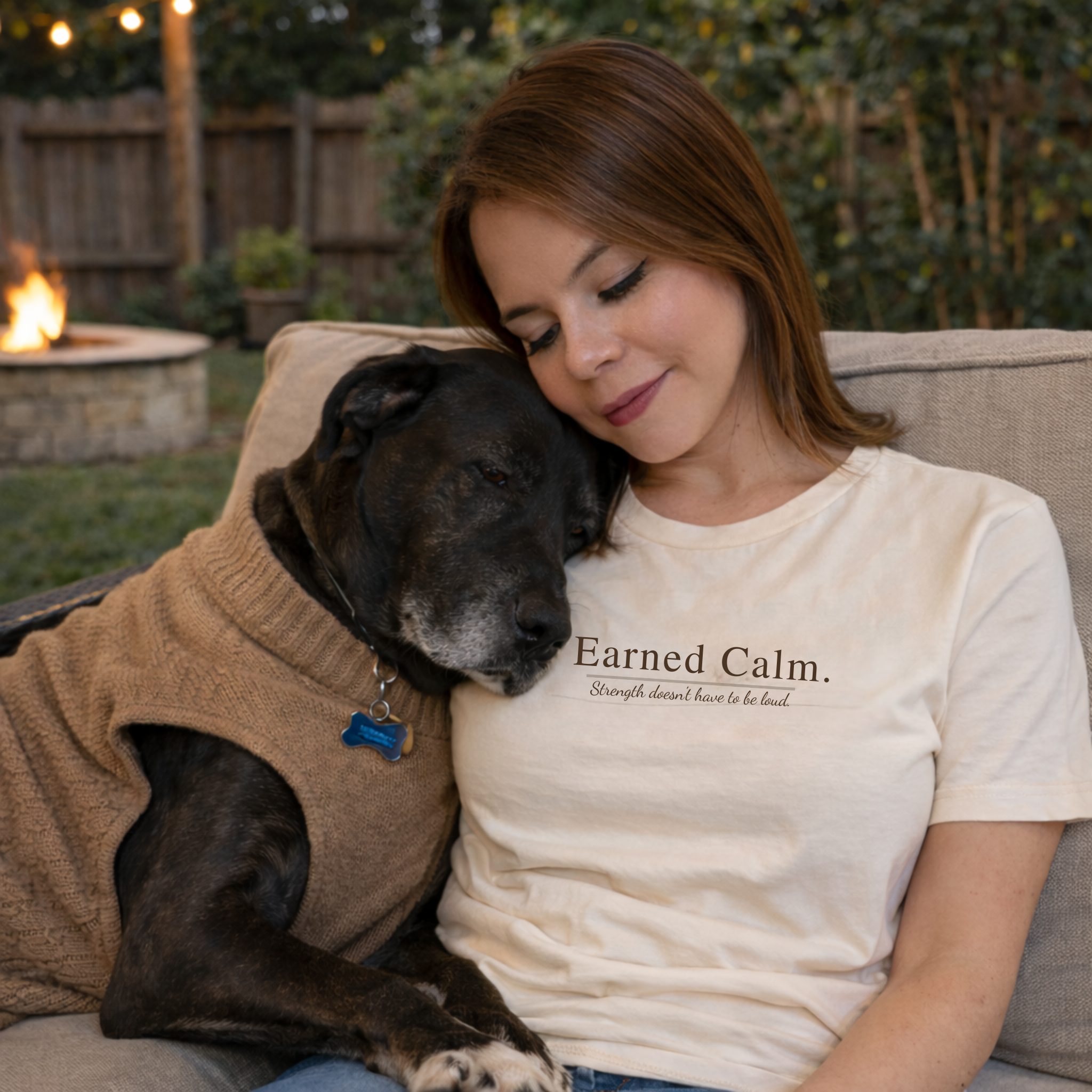 Earned Calm minimalist t-shirt featuring a quiet strength quote. Soft, modern unisex tee designed for calm confidence and everyday wear.