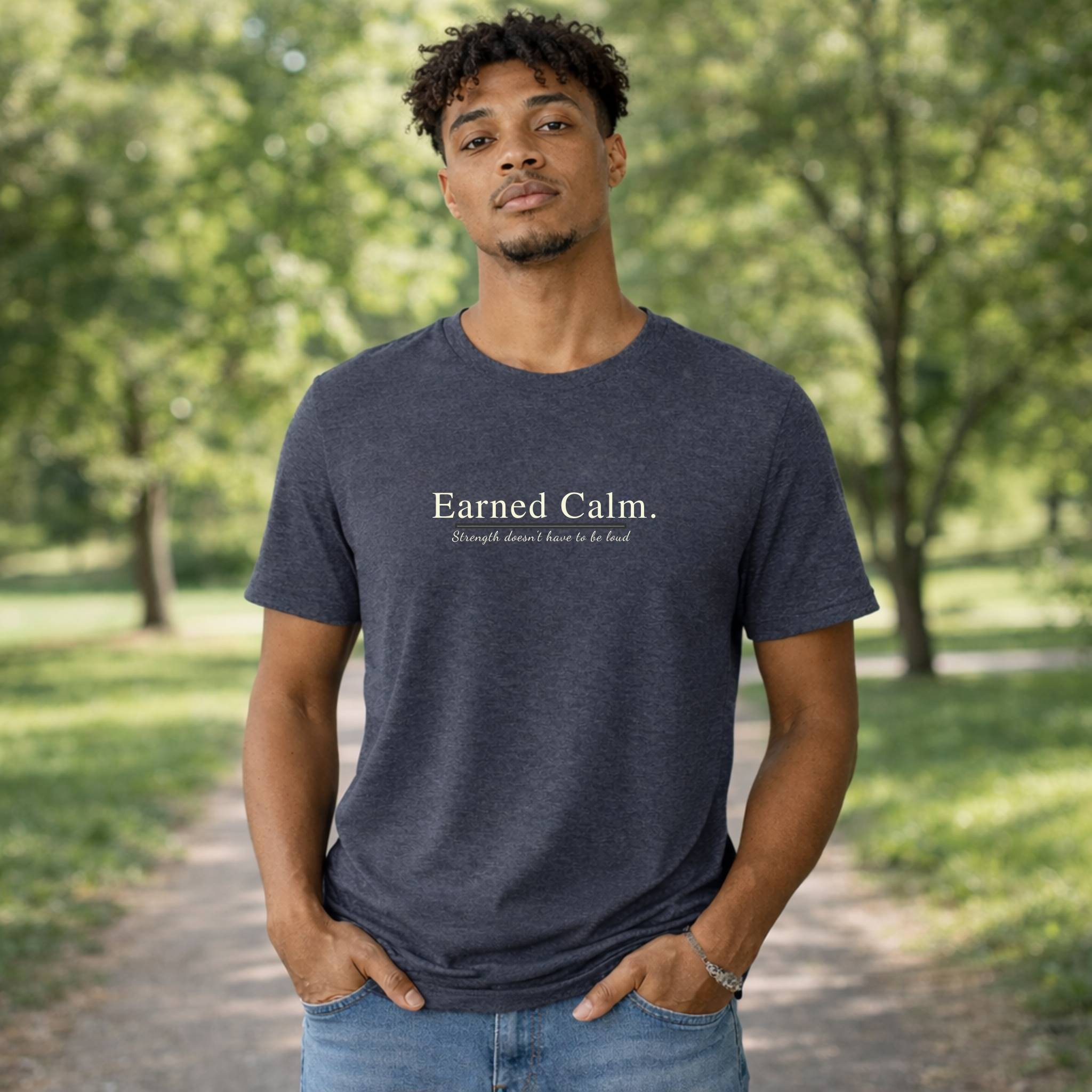 Earned Calm minimalist t-shirt featuring a quiet strength quote. Soft, modern unisex tee designed for calm confidence and everyday wear.