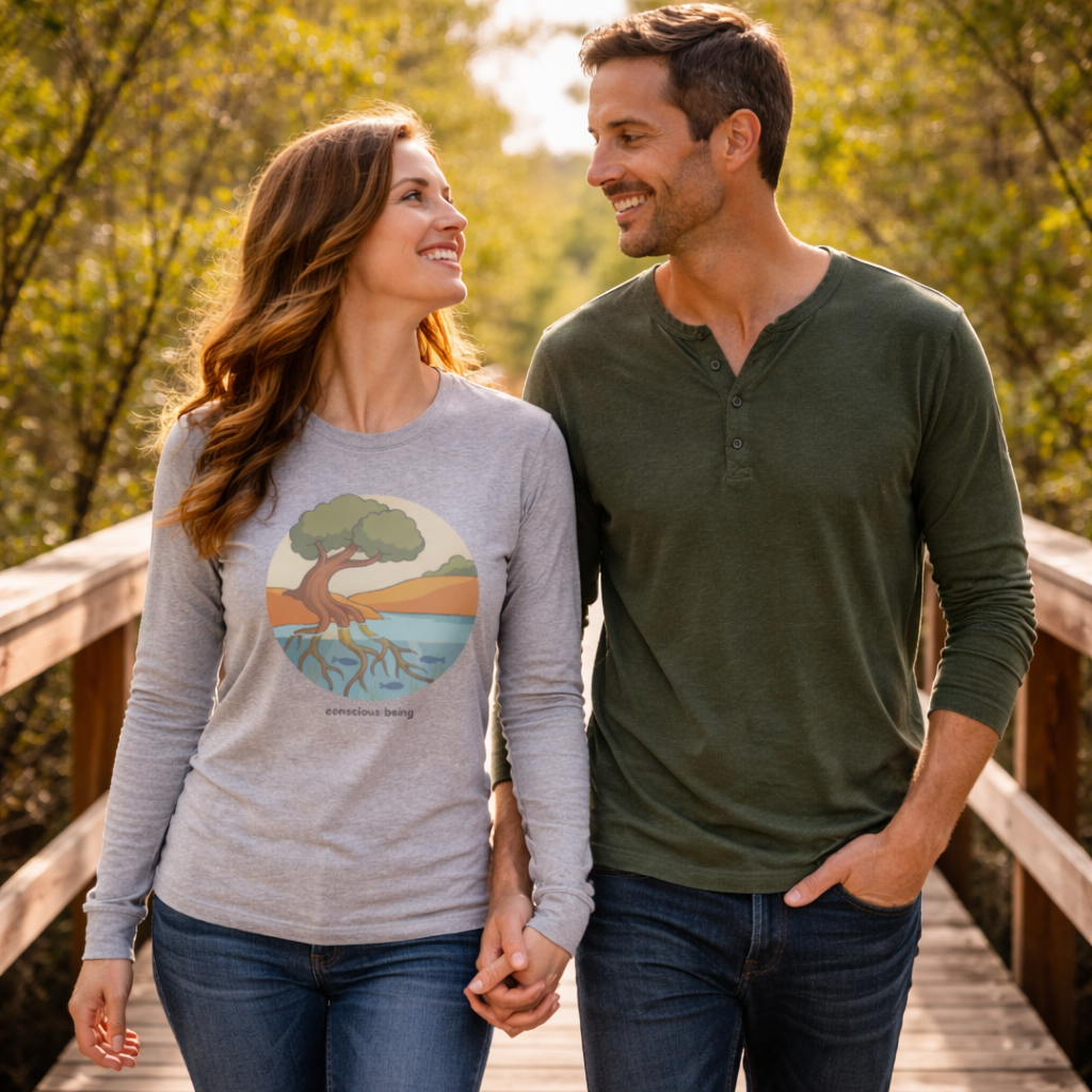 Nature-inspired circular illustration of a rooted tree connecting earth and water, symbolizing that all life is interconnected, with “conscious being” text beneath.