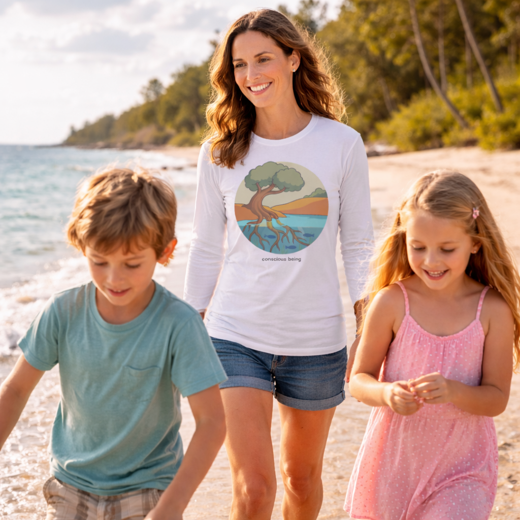 Nature-inspired circular illustration of a rooted tree connecting earth and water, symbolizing that all life is interconnected, with “conscious being” text beneath.