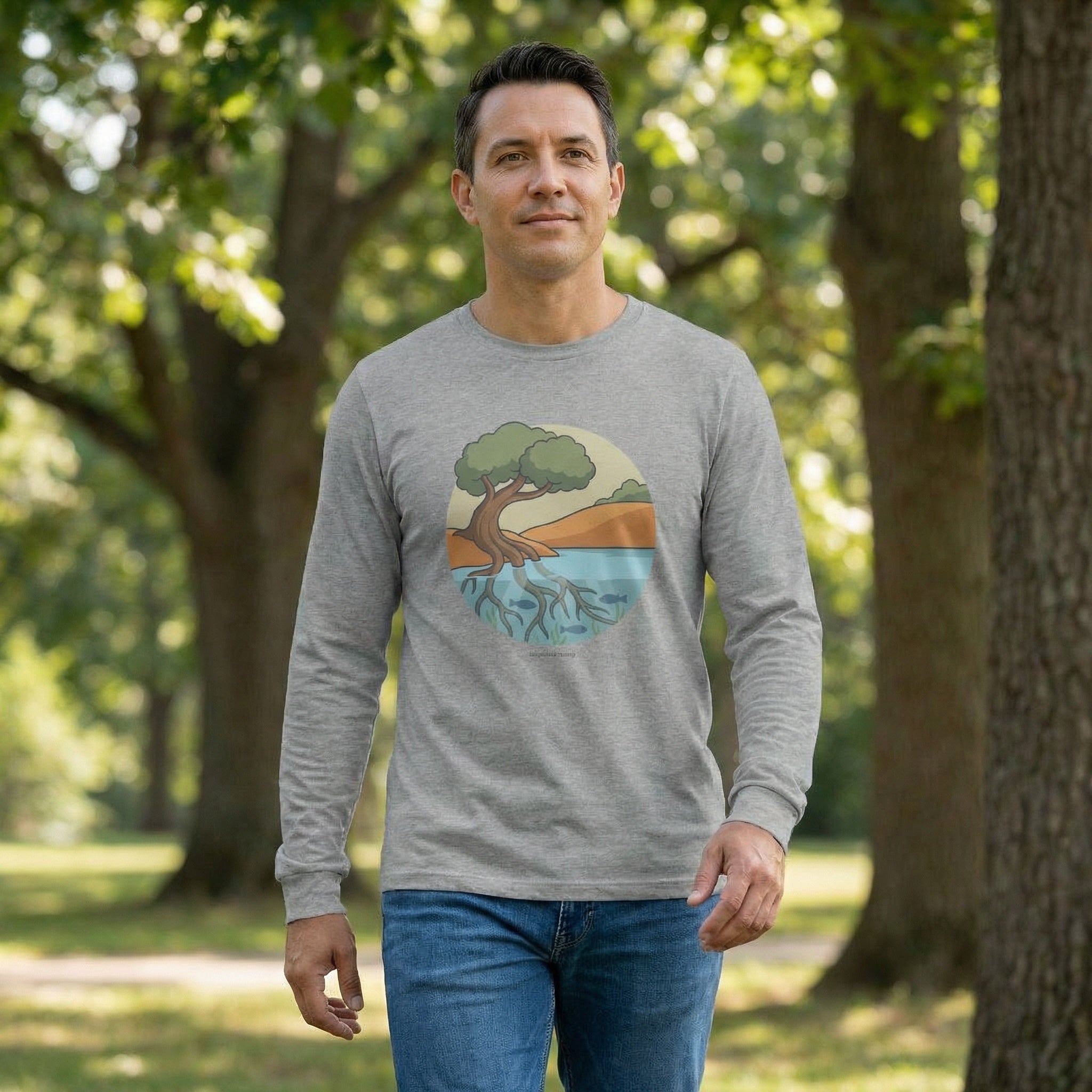 Nature-inspired circular illustration of a rooted tree connecting earth and water, symbolizing that all life is interconnected, with “conscious being” text beneath.