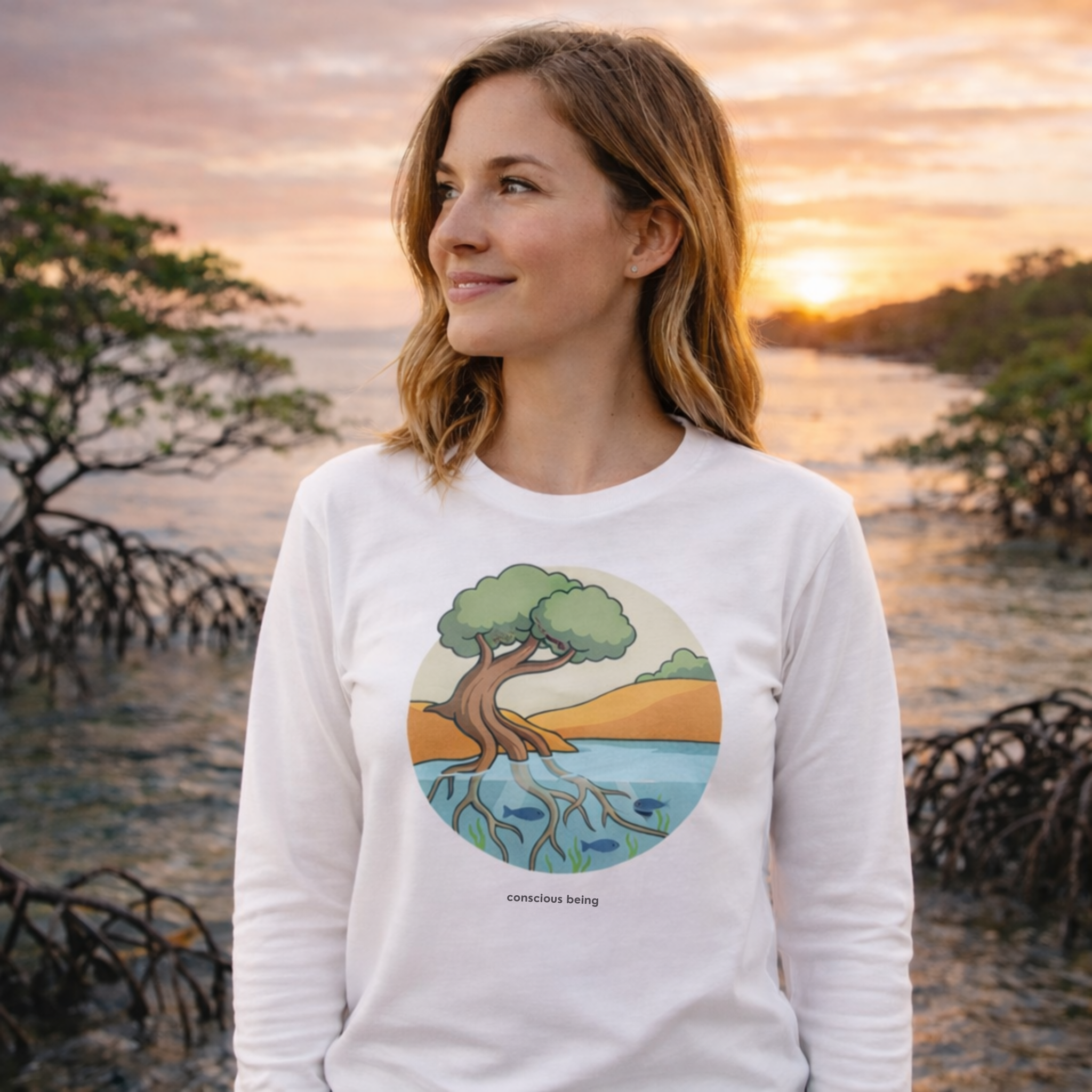 Nature-inspired circular illustration of a rooted tree connecting earth and water, symbolizing that all life is interconnected, with “conscious being” text beneath.