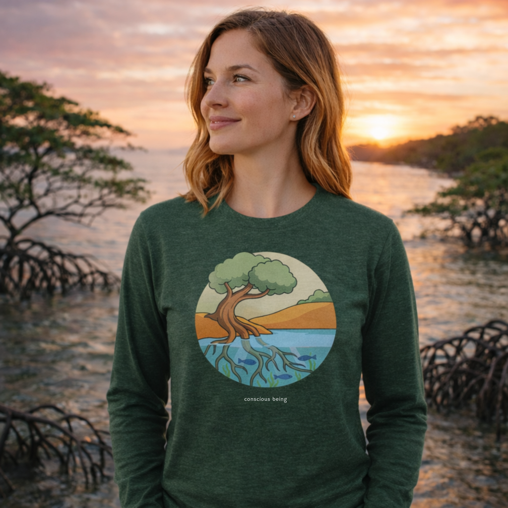 Nature-inspired circular illustration of a rooted tree connecting earth and water, symbolizing that all life is interconnected, with “conscious being” text beneath.