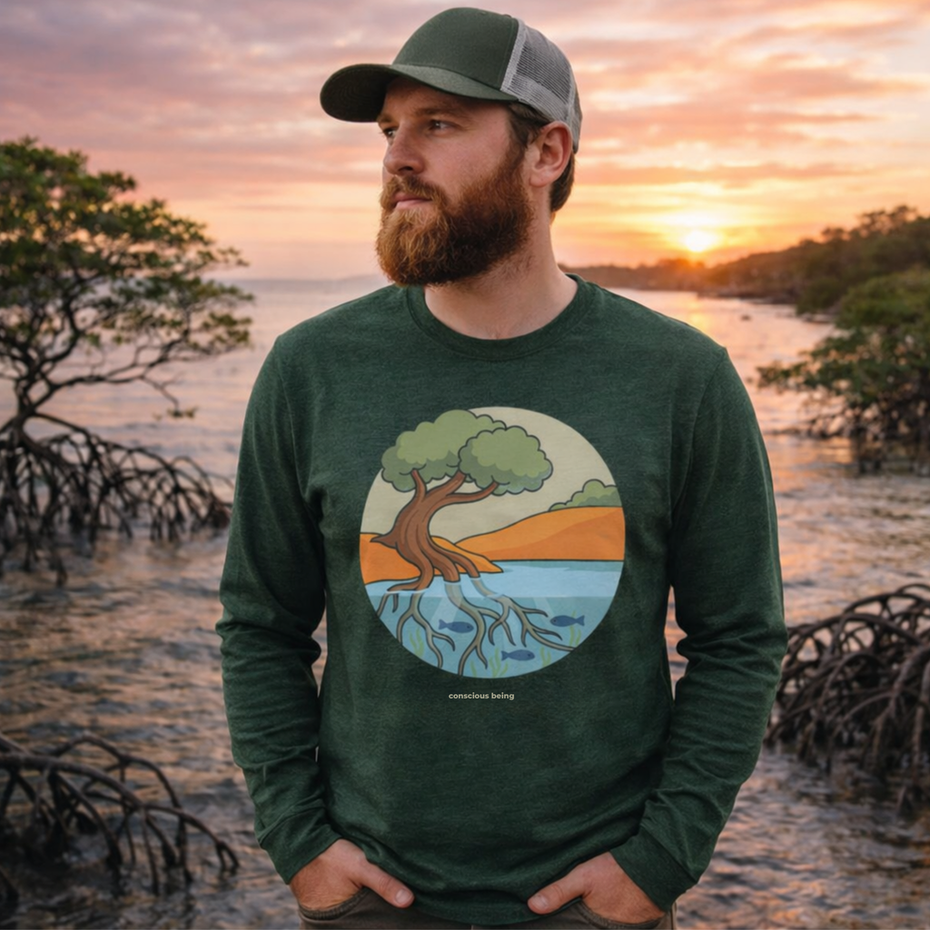 Nature-inspired circular illustration of a rooted tree connecting earth and water, symbolizing that all life is interconnected, with “conscious being” text beneath.