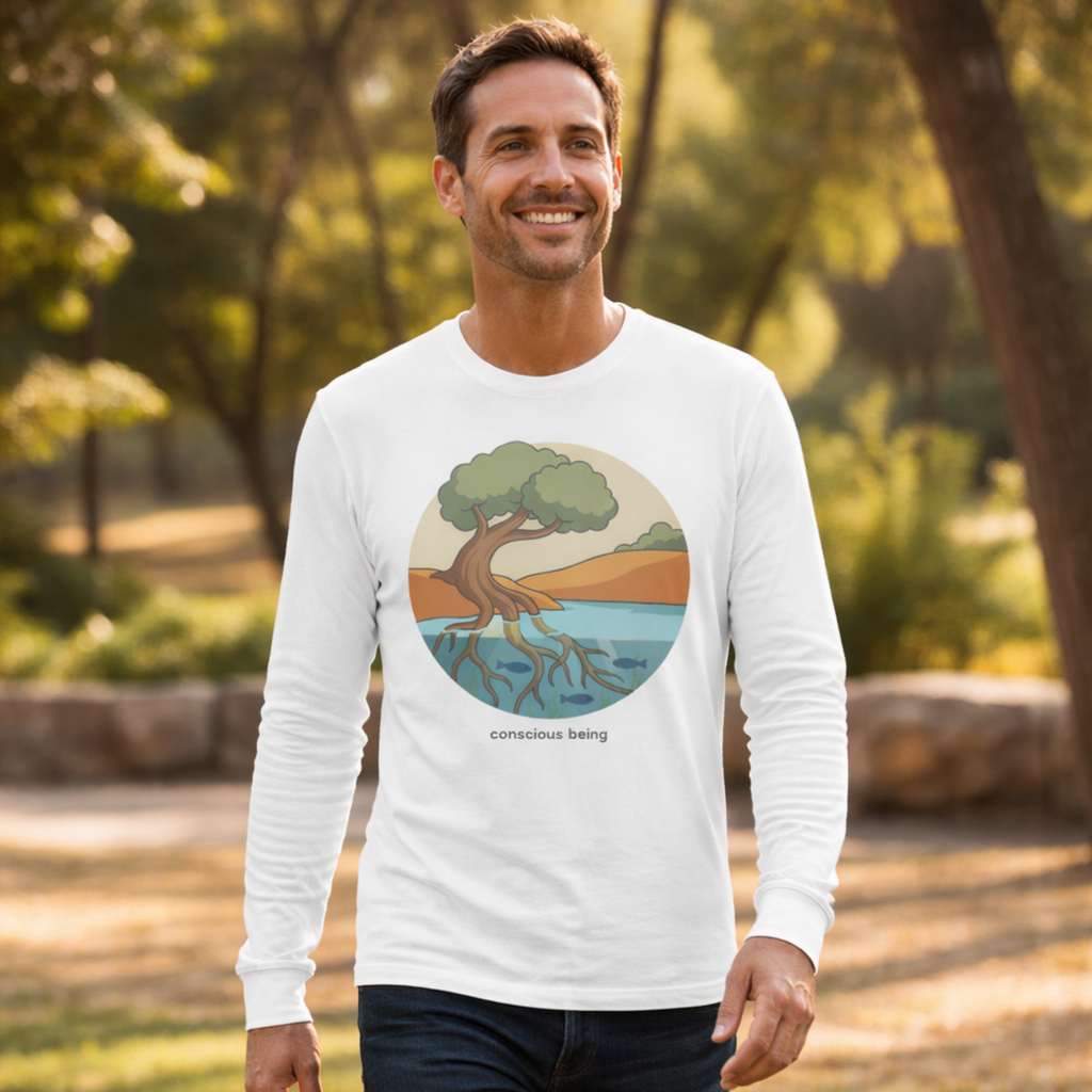 Nature-inspired circular illustration of a rooted tree connecting earth and water, symbolizing that all life is interconnected, with “conscious being” text beneath.