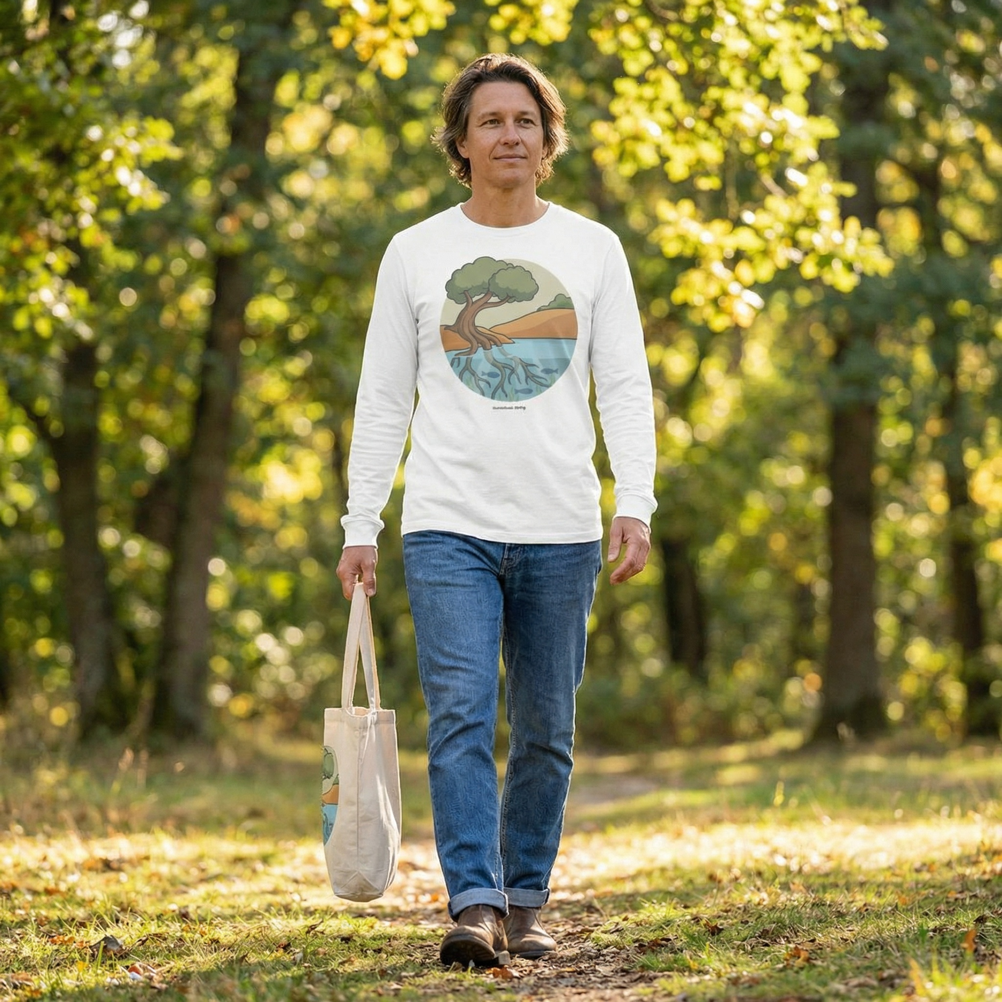 Nature-inspired circular illustration of a rooted tree connecting earth and water, symbolizing that all life is interconnected, with “conscious being” text beneath.