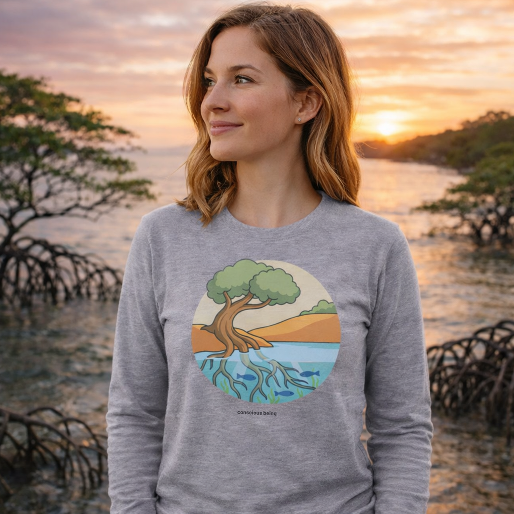 Nature-inspired circular illustration of a rooted tree connecting earth and water, symbolizing that all life is interconnected, with “conscious being” text beneath.