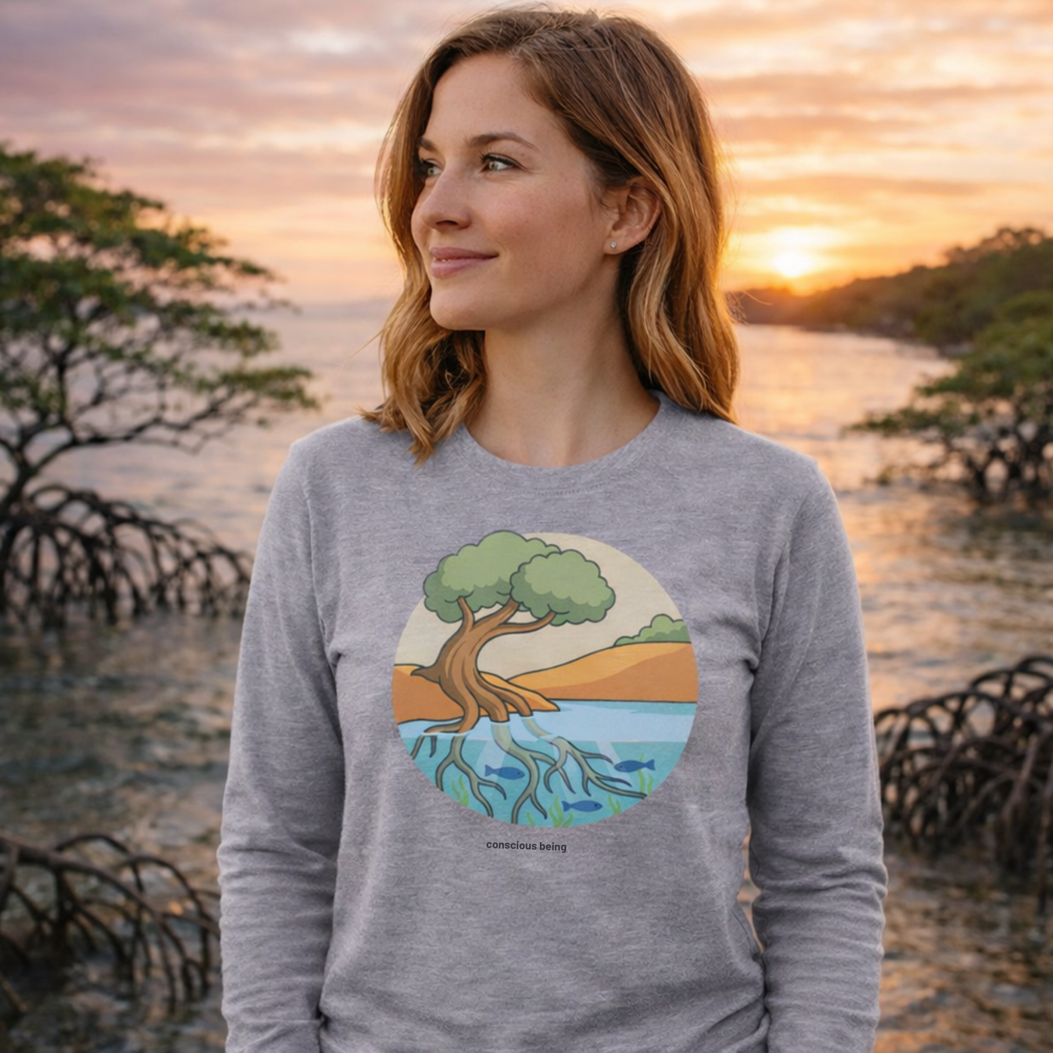 Nature-inspired circular illustration of a rooted tree connecting earth and water, symbolizing that all life is interconnected, with “conscious being” text beneath.