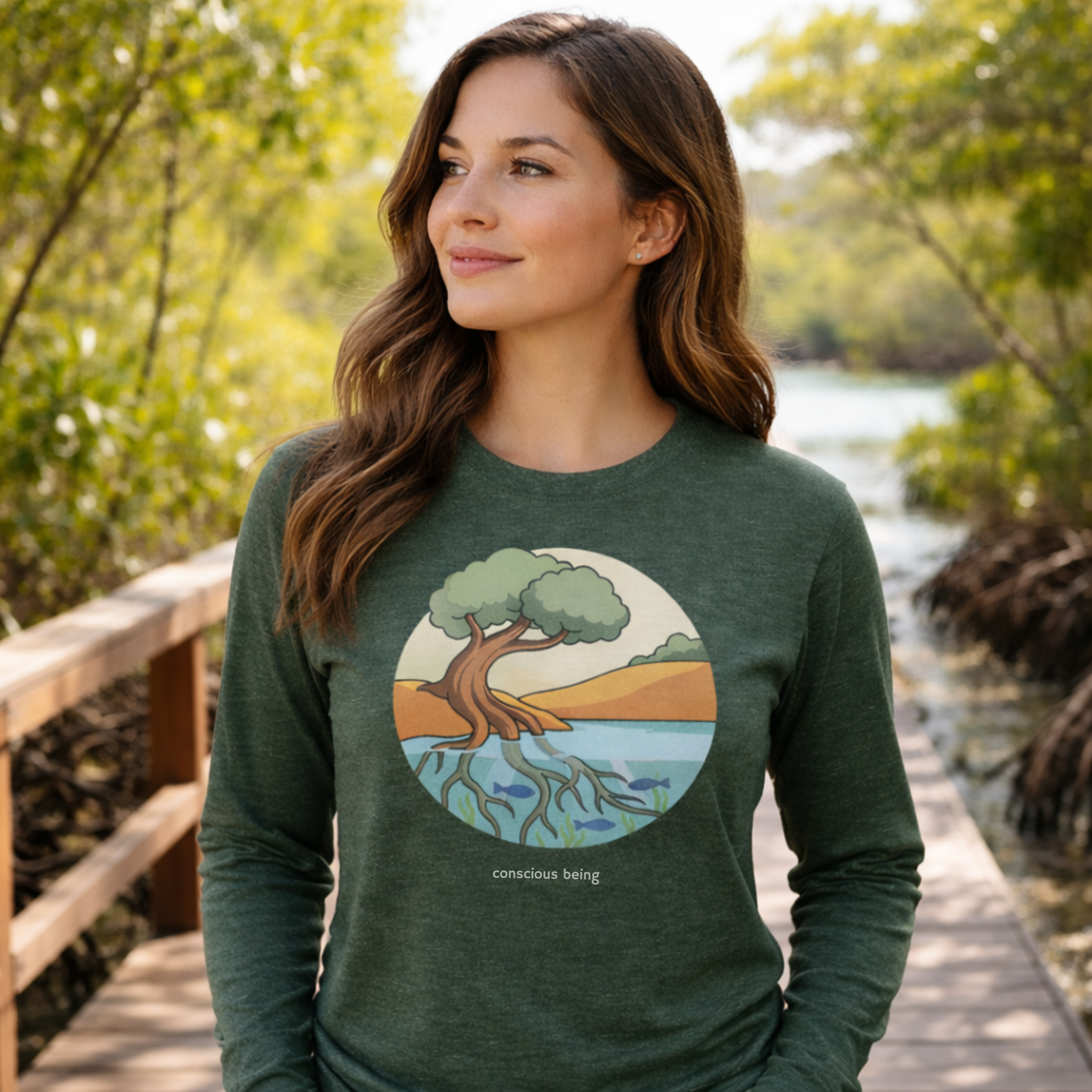 Nature-inspired circular illustration of a rooted tree connecting earth and water, symbolizing that all life is interconnected, with “conscious being” text beneath.