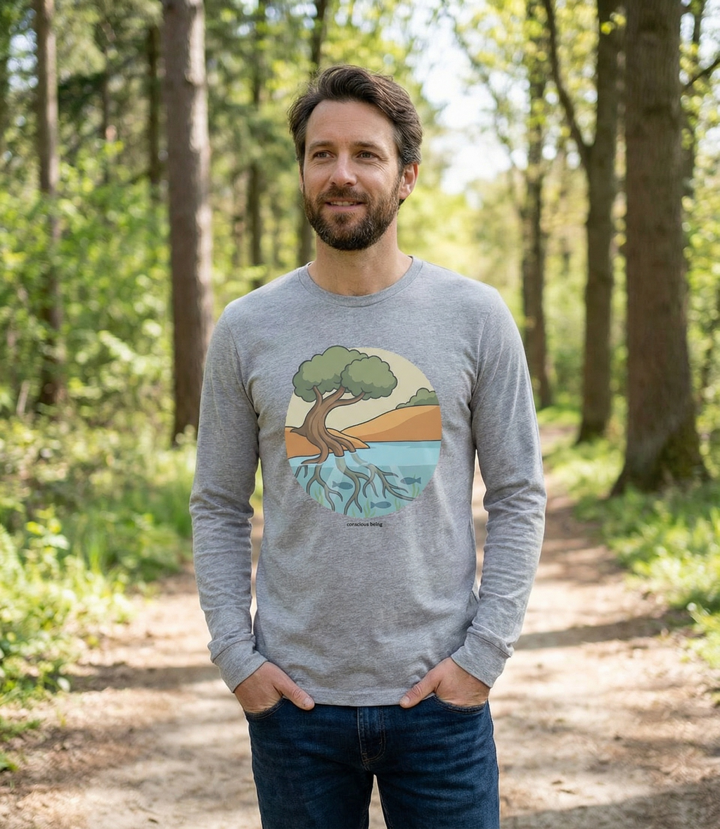 Nature-inspired circular illustration of a rooted tree connecting earth and water, symbolizing that all life is interconnected, with “conscious being” text beneath.