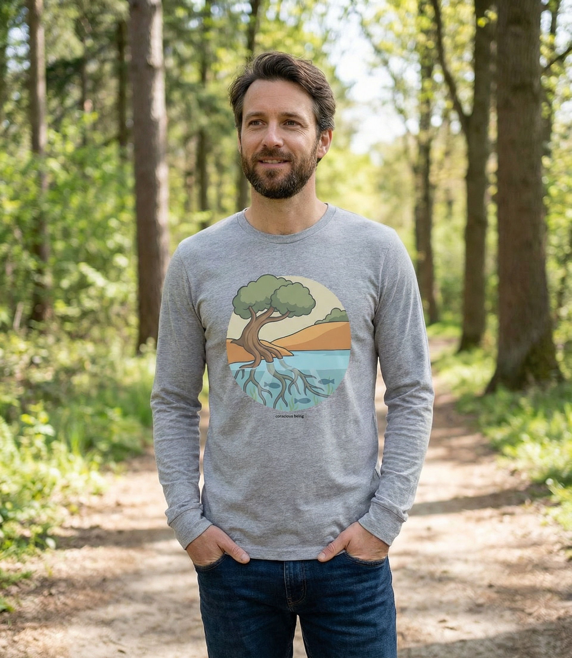 Nature-inspired circular illustration of a rooted tree connecting earth and water, symbolizing that all life is interconnected, with “conscious being” text beneath.