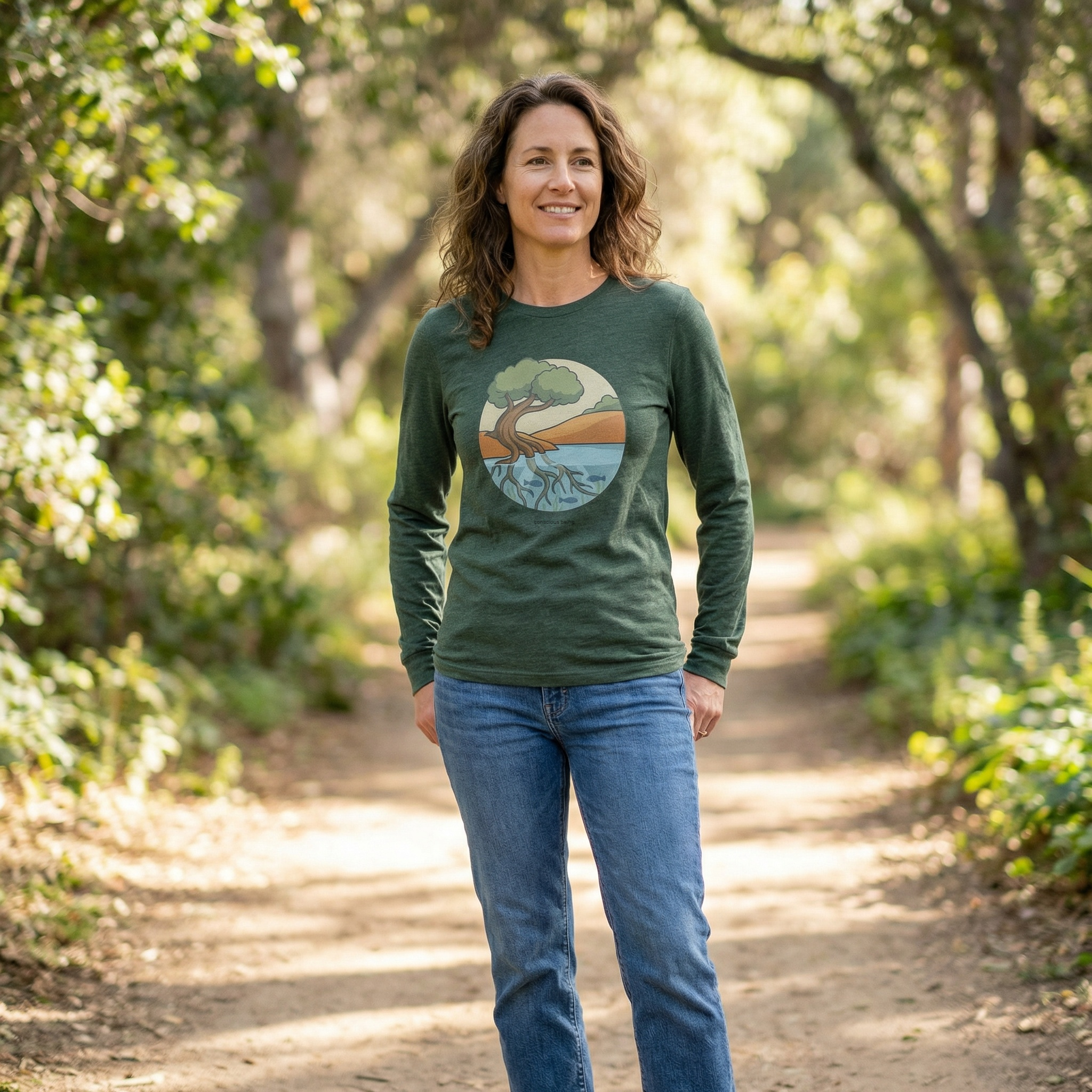 Nature-inspired circular illustration of a rooted tree connecting earth and water, symbolizing that all life is interconnected, with “conscious being” text beneath.