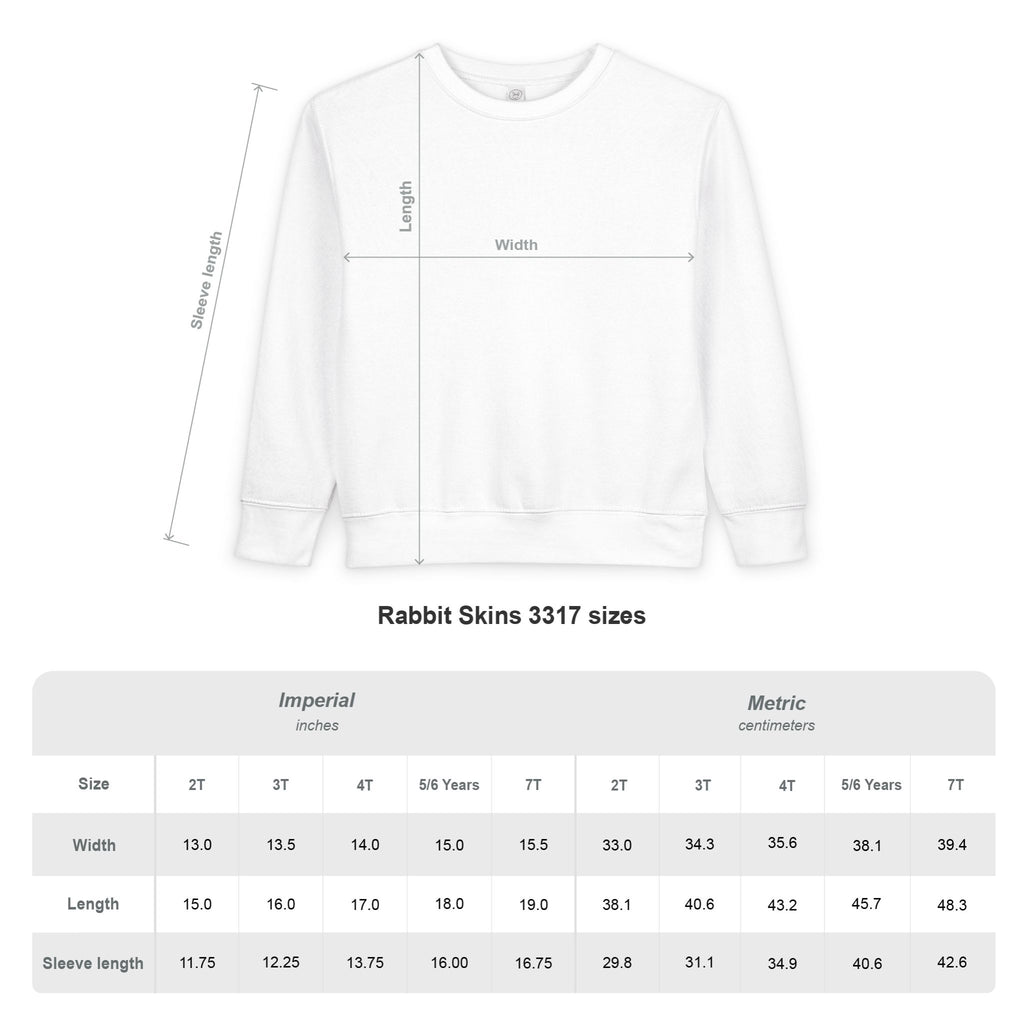 White sweatshirt with measurement chart on a white background
