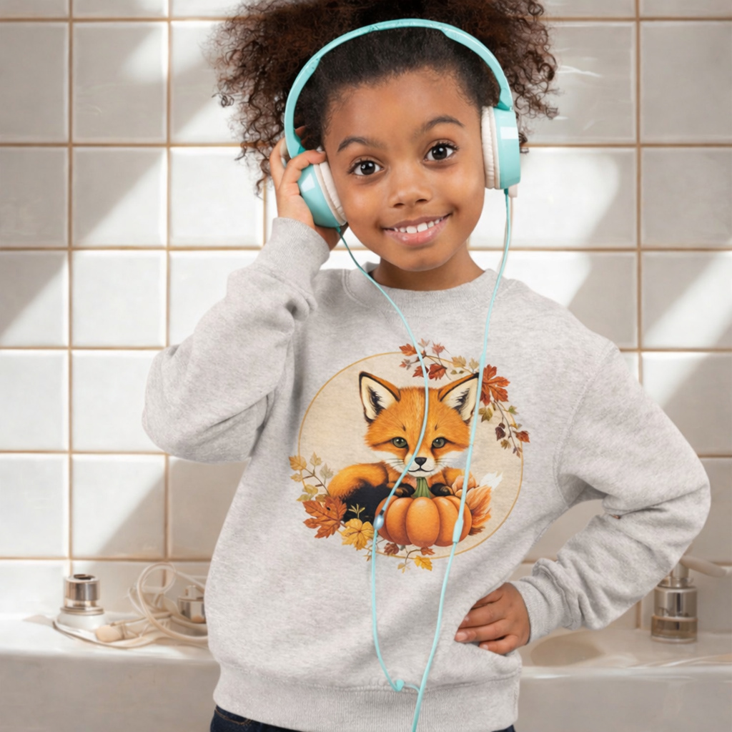 Child wearing a natural sweatshirt with a fox and pumpkin design, listening to music with blue headphones.