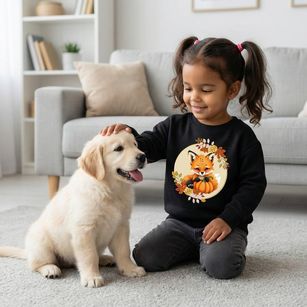 Child wearing a black sweatshirt with a fox design, sitting on the floor with a puppy in a living room.