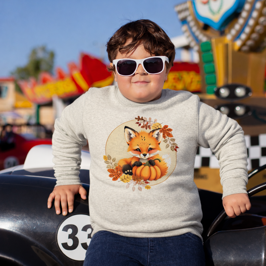 Child wearing a sweater with a fox design in front of fairground attractions