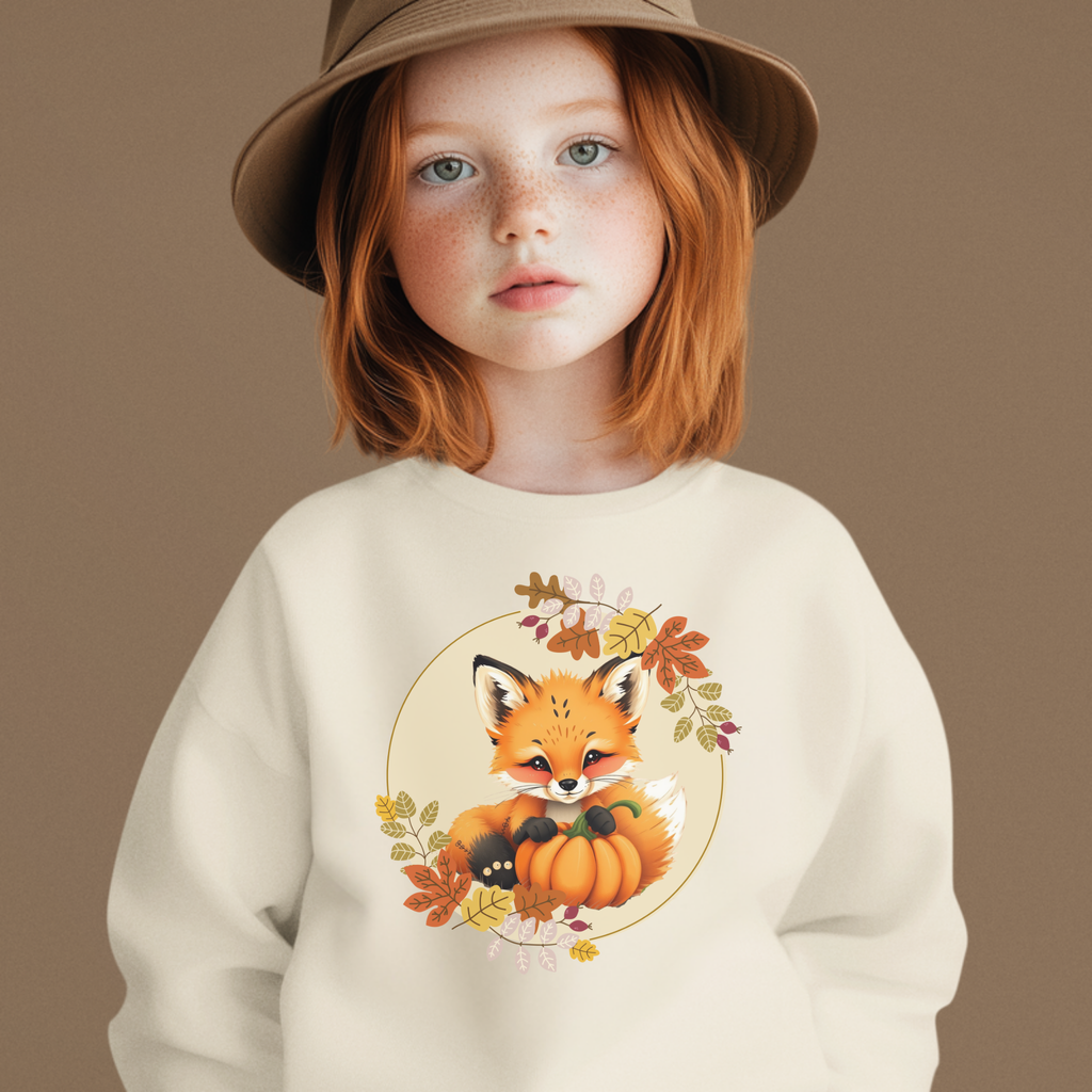 Child wearing a beige sweatshirt with a fox and pumpkin design on a brown background