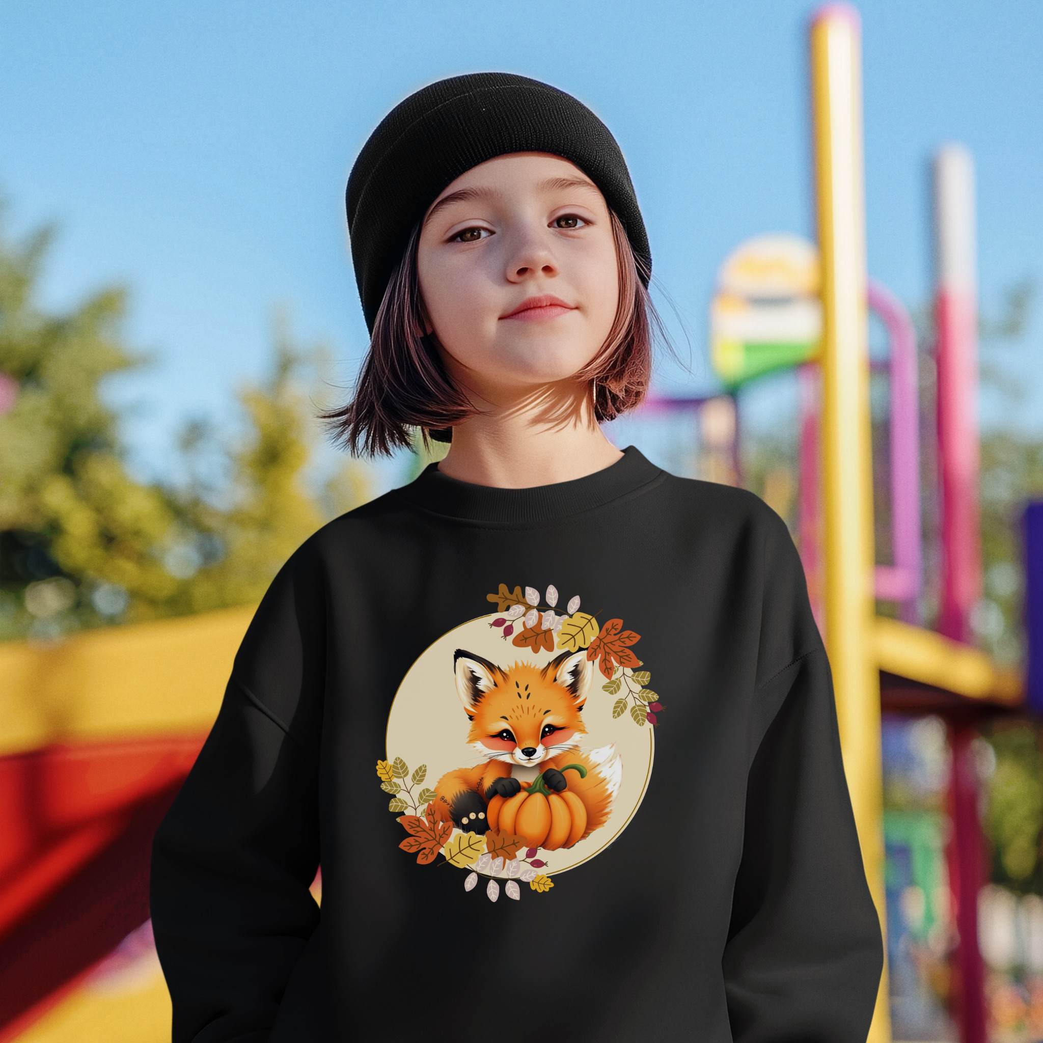 Child wearing a black sweatshirt with a fox and pumpkin design in an outdoor setting.