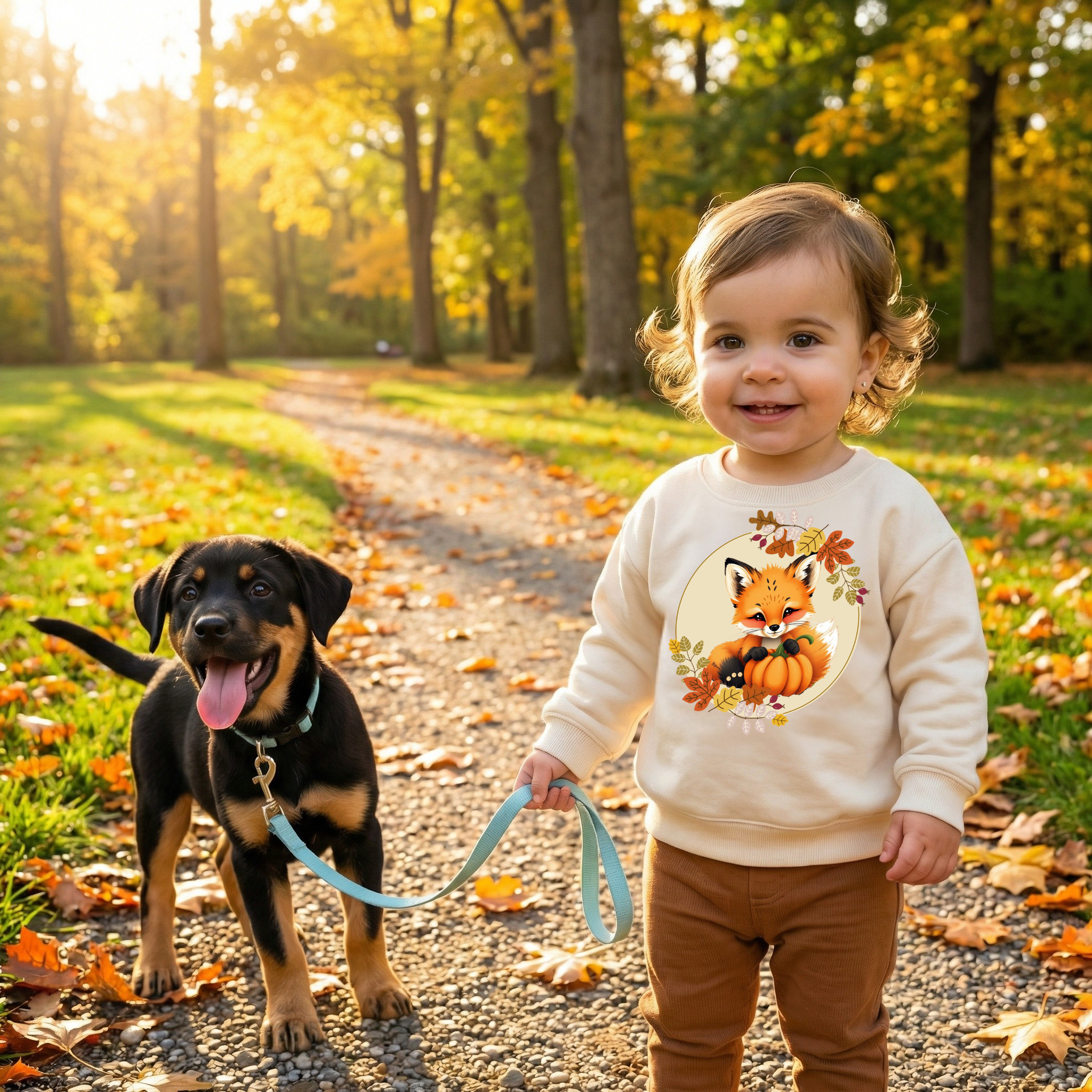 toddler wearing a sweater with a fox design standing next to a puppy on a path in a park with autumn leaves.