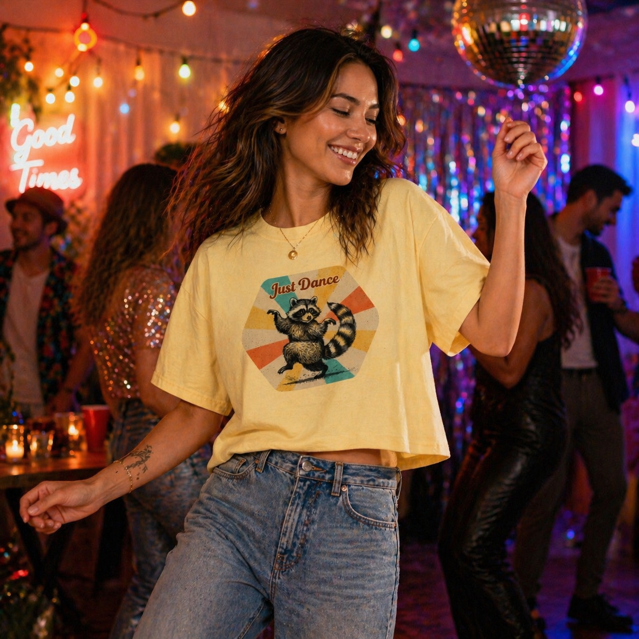 Just Dance Raccoon Graphic Tee – Vintage Aesthetic Animal Boxy Tee